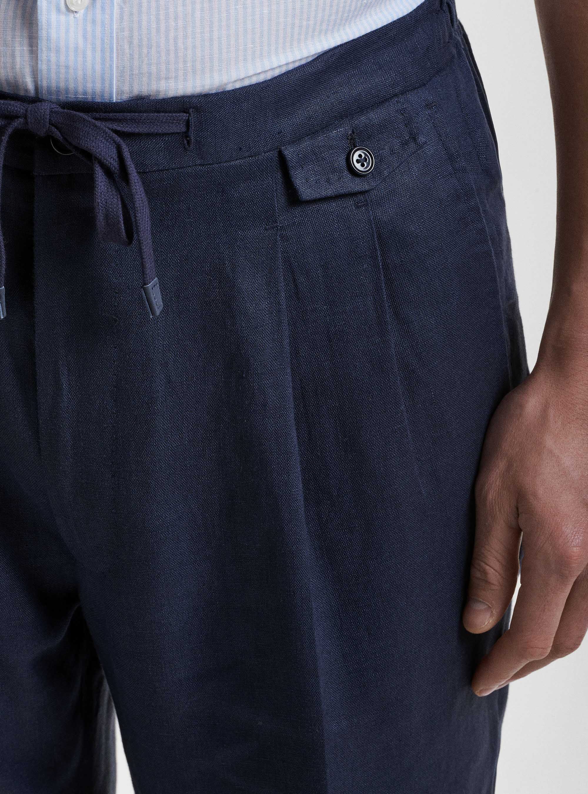 Linen pleated and drawstring trousers, NAVY BLUE