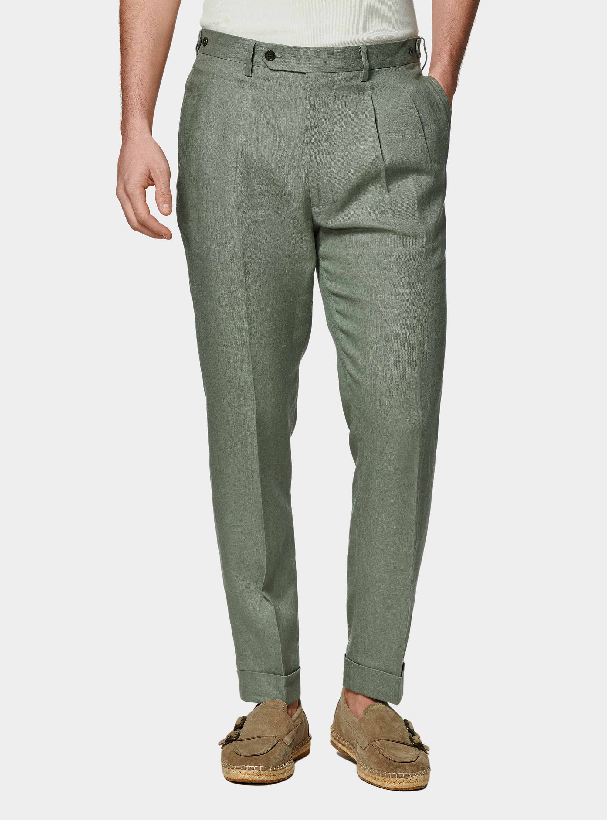 Pantaloni doppia pince in puro lino, SALVIA 0602C