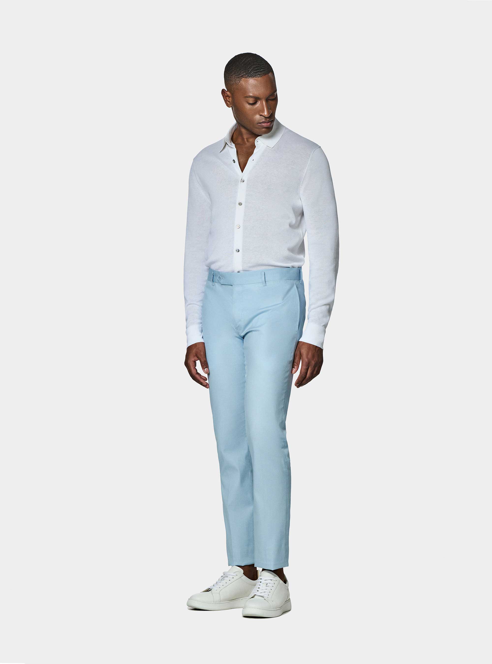 Pantaloni abito in cotone armaturato, AZZURRO