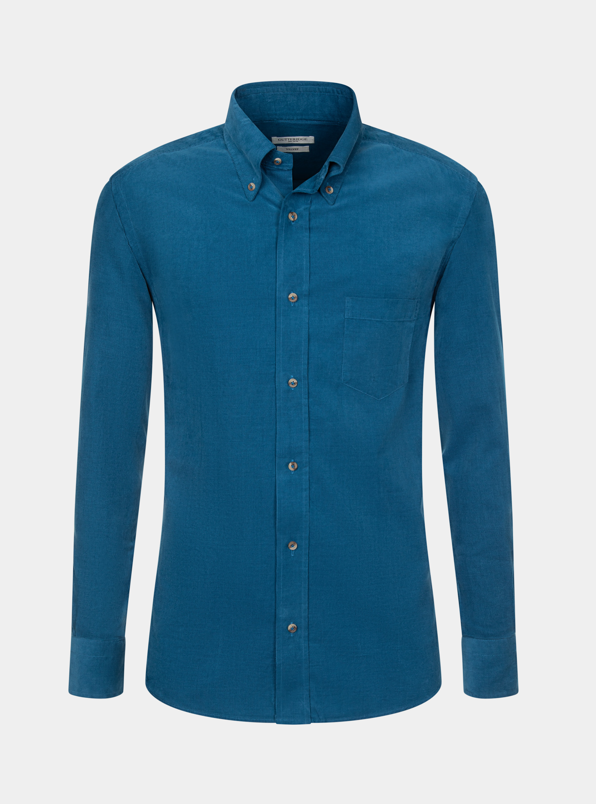 Camicia collo button down in velluto di cotone, PETROLIO