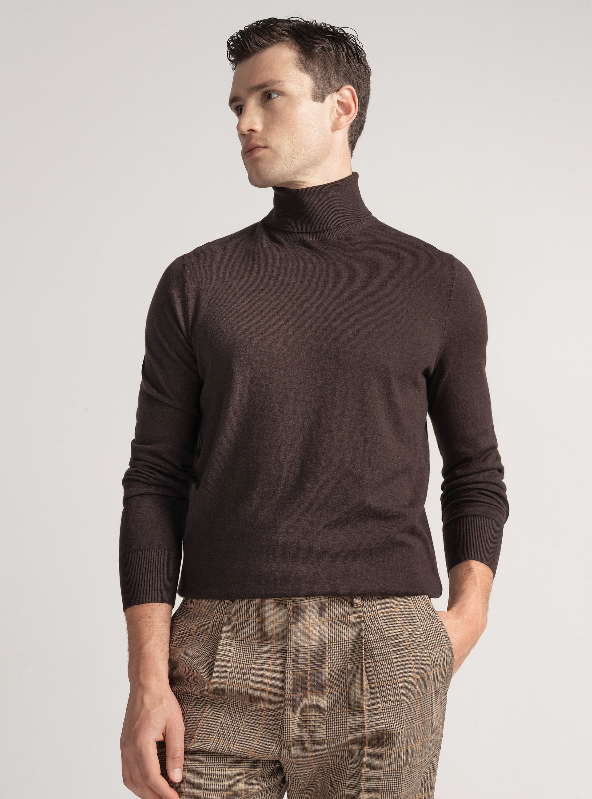 Silk and cashmere cotton turtleneck, BROWN