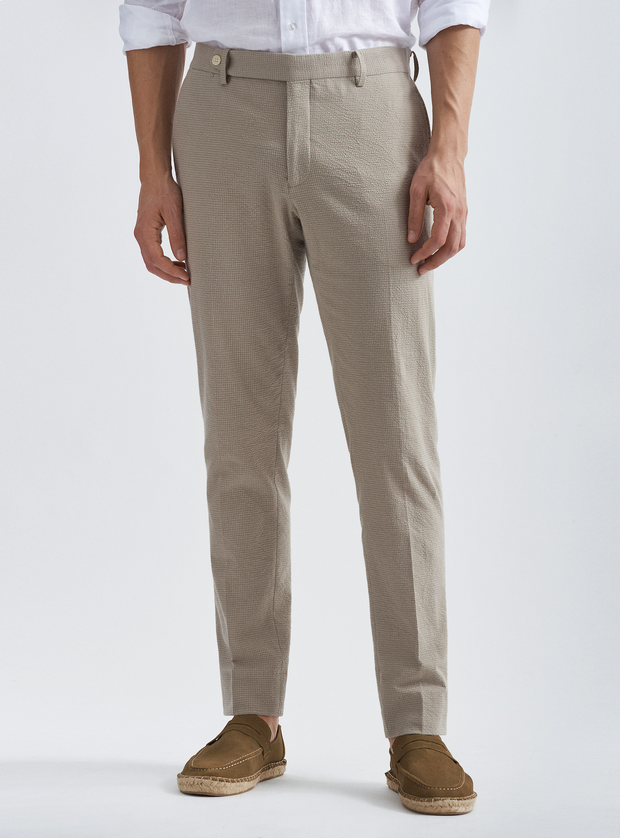 Pantaloni per abito in cotone seersucker, SABBIA