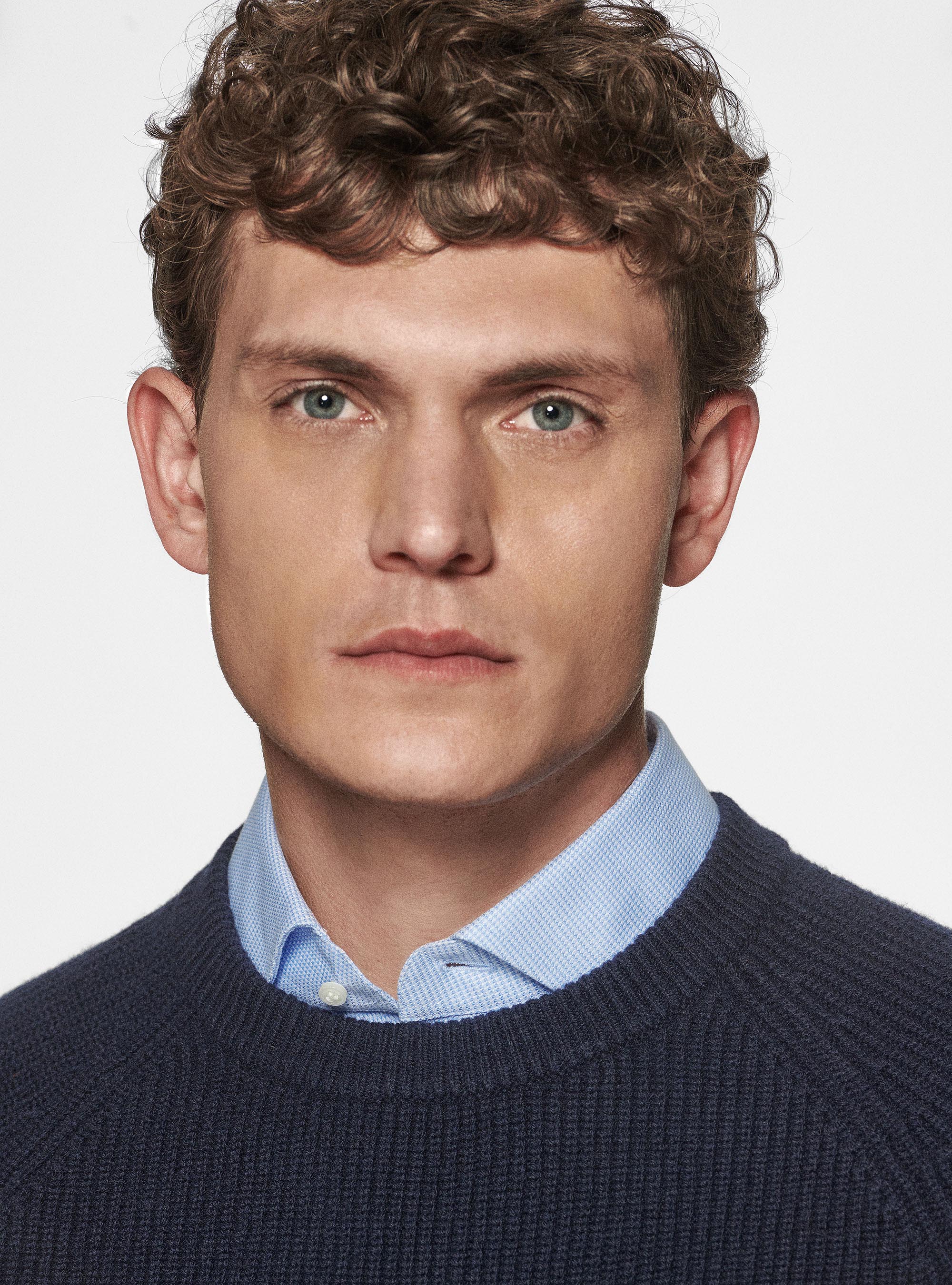 Maglia girocollo in lana merino costa perlata, BLU NAVY