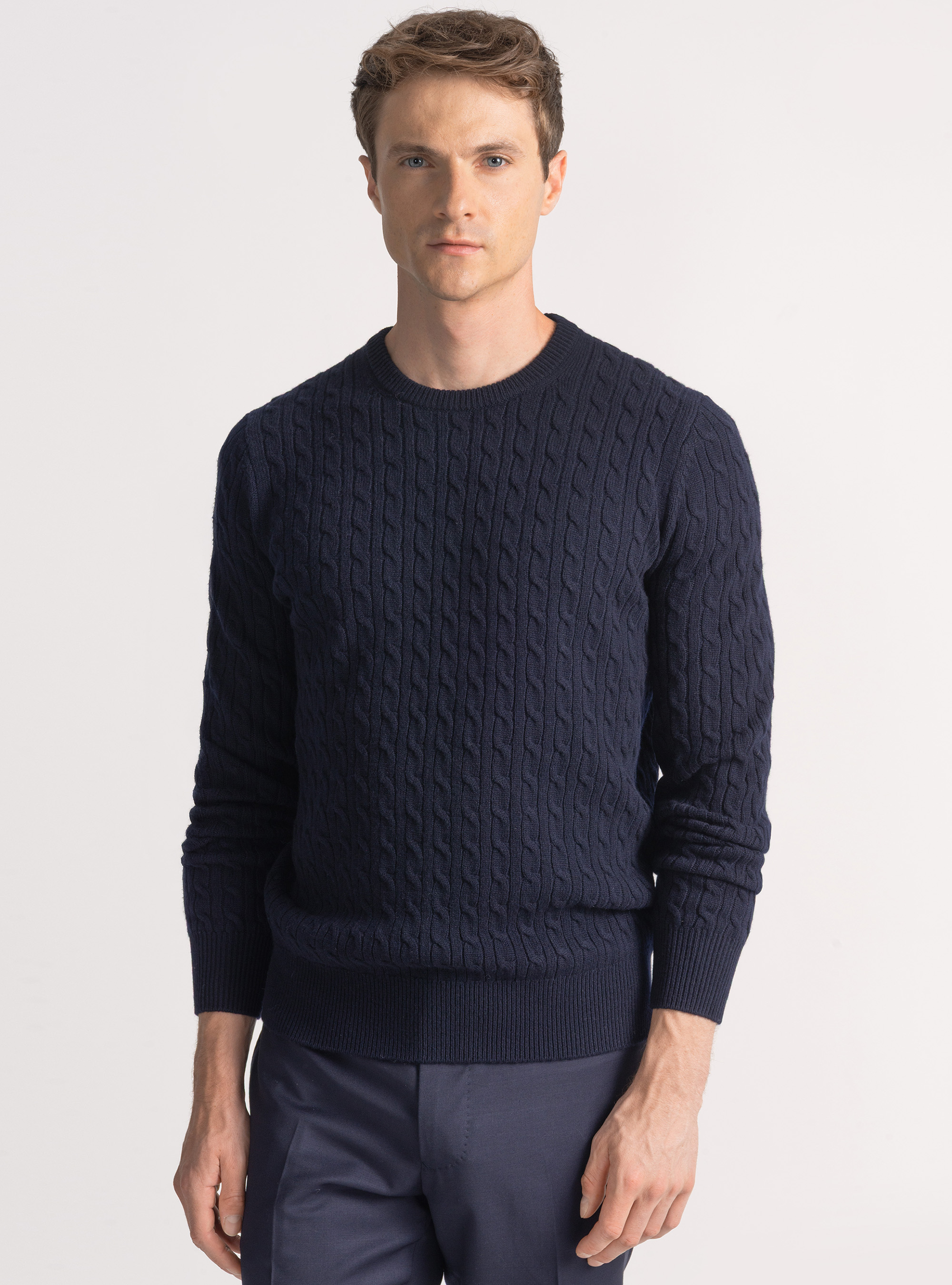 Crew-neck sweater with wool and cashmere braid, NAVY BLUE