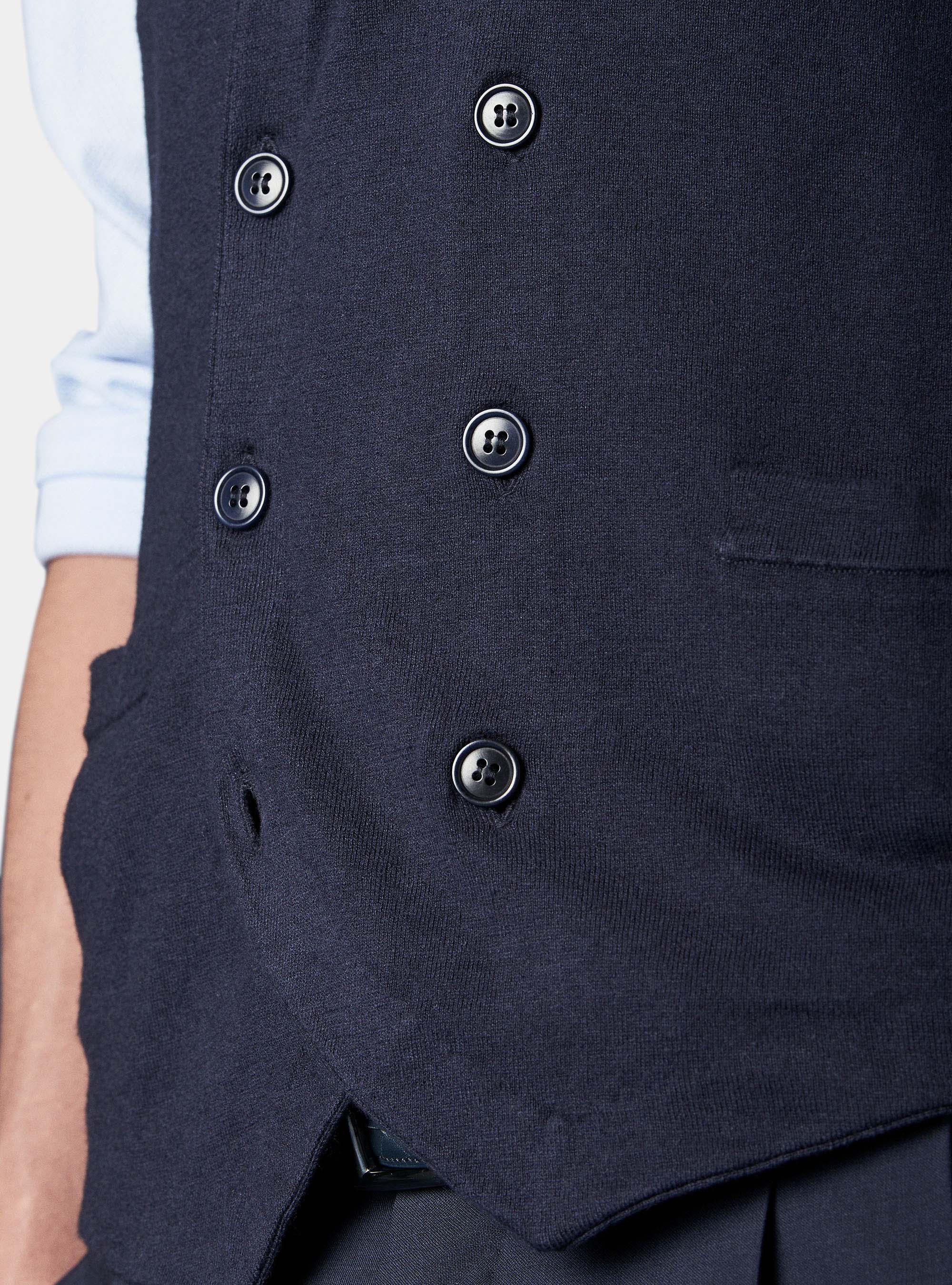 Cotton silk and cashmere double - breasted vest, NAVY BLUE