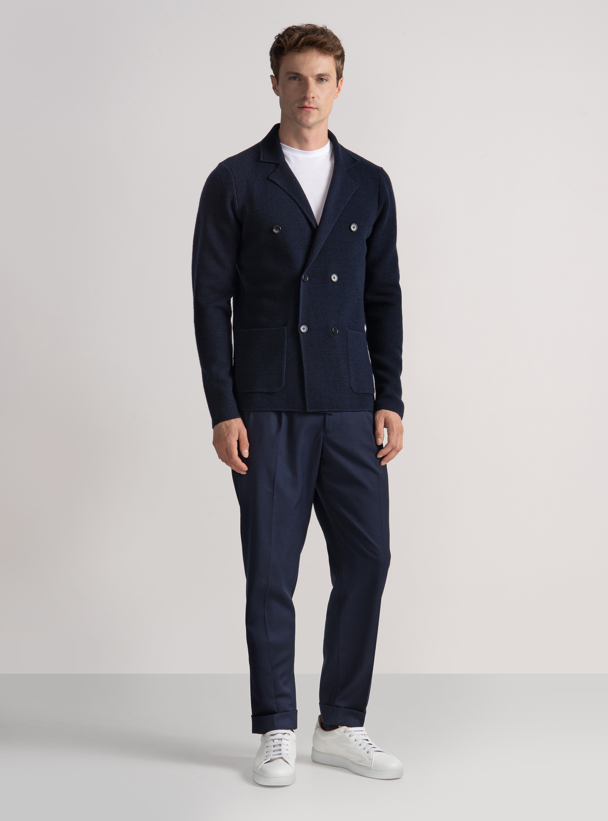 Giacca in maglia doppiopetto in lana merino, BLU NAVY
