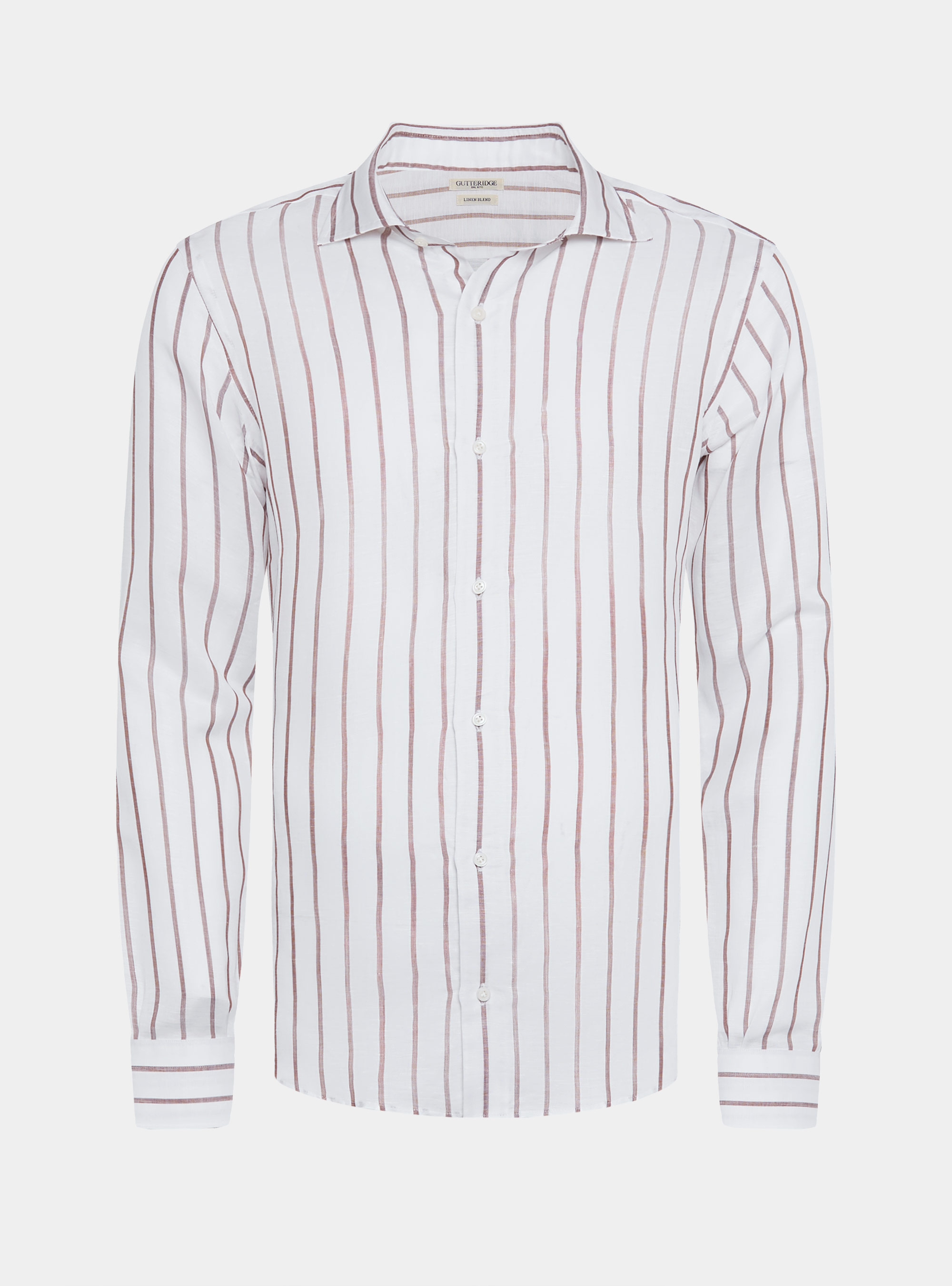 Camicia rigata in misto lino, MARRONE