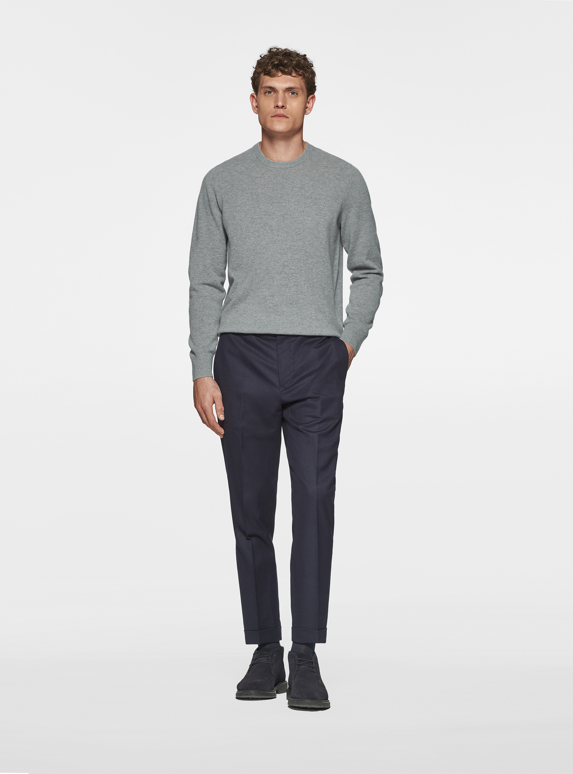 Maglia girocollo in lambswool e cashmere, GRIGIO MELANGE 0151C