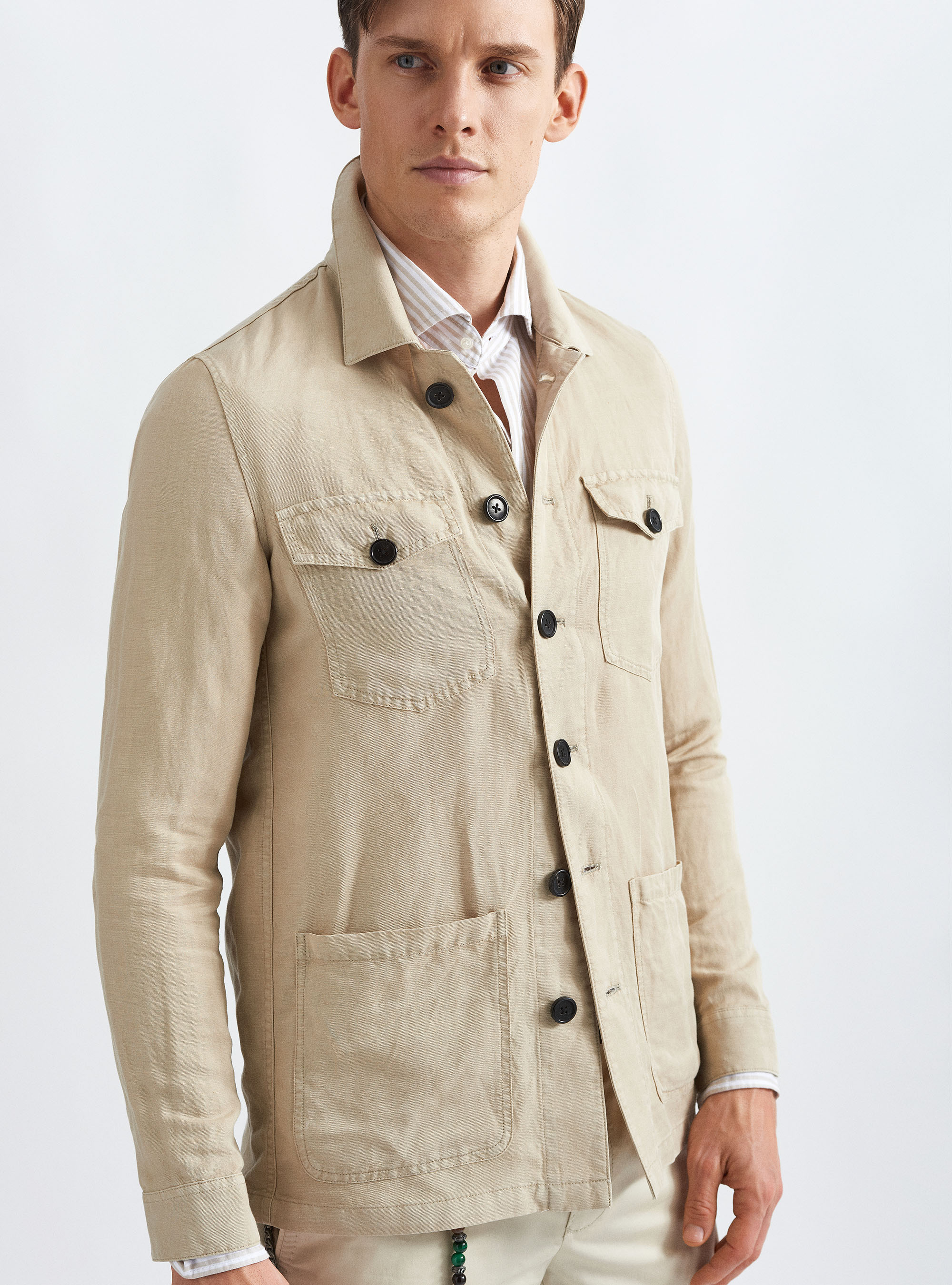 Giacca camicia in misto lino, SABBIA
