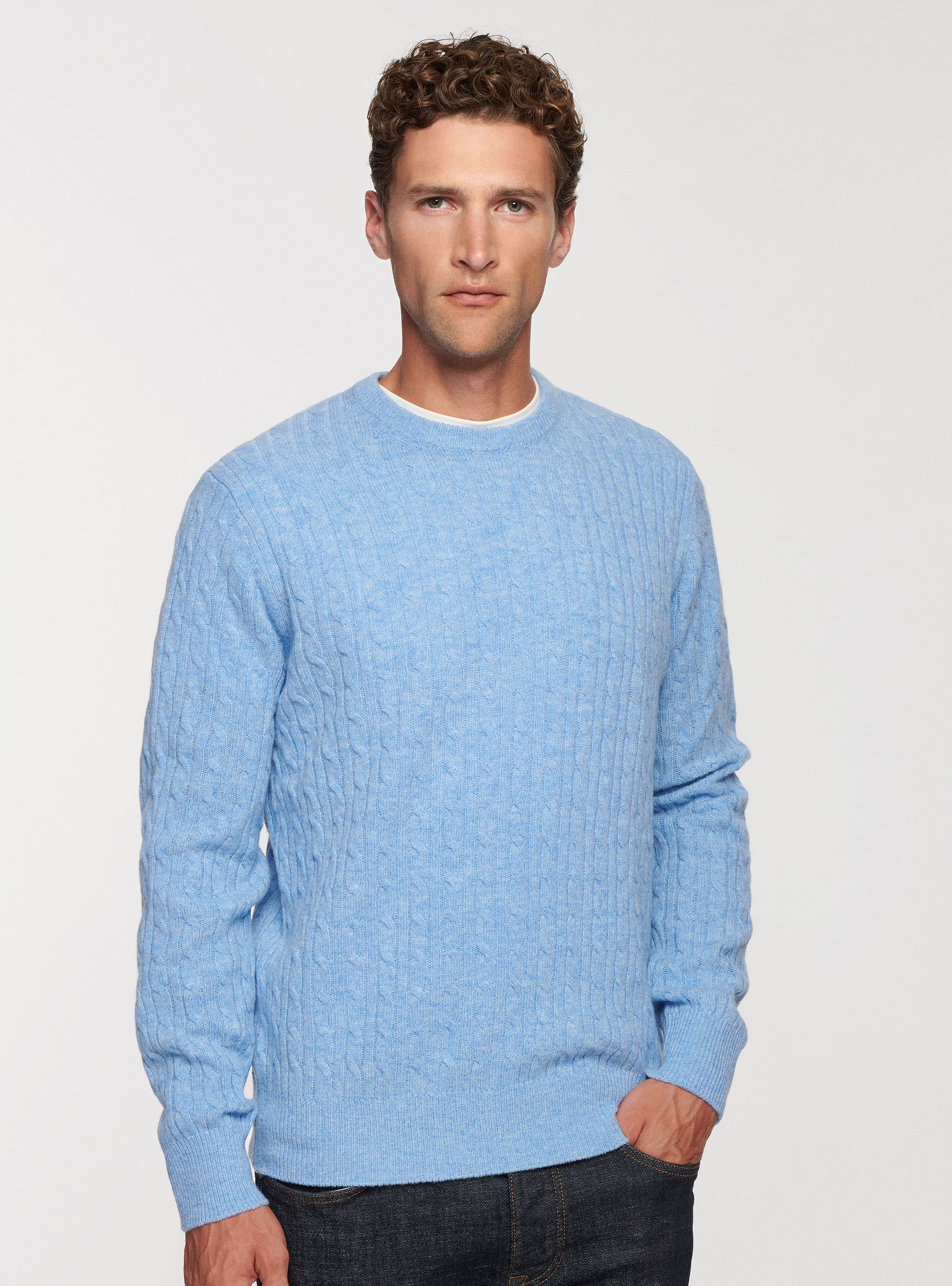 Maglia a treccia in lambswool, AZZURRO