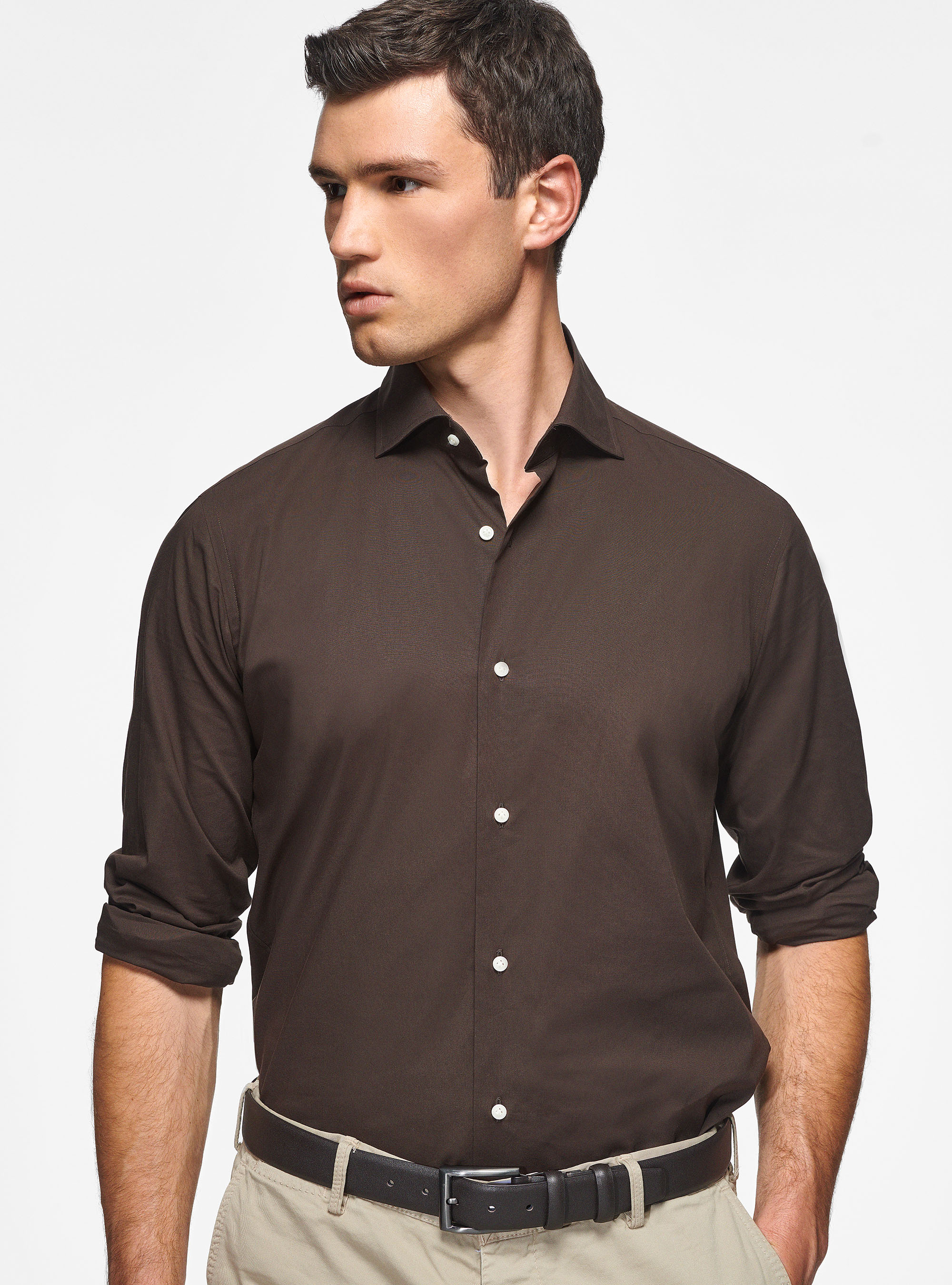 Stretch poplin shirt, BROWN