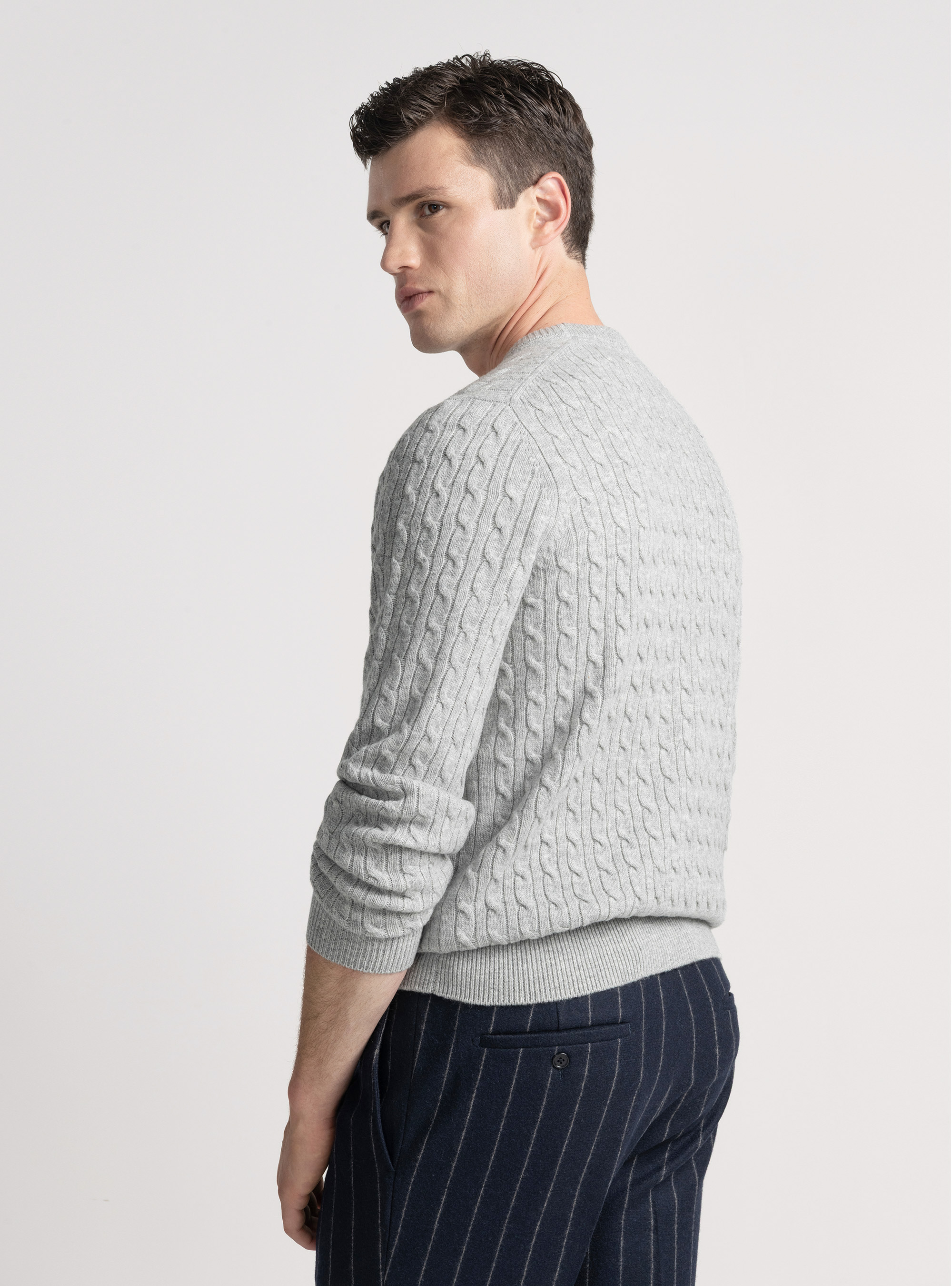 Crew-neck sweater with wool and cashmere braid, LIGHT GREY MELANGE