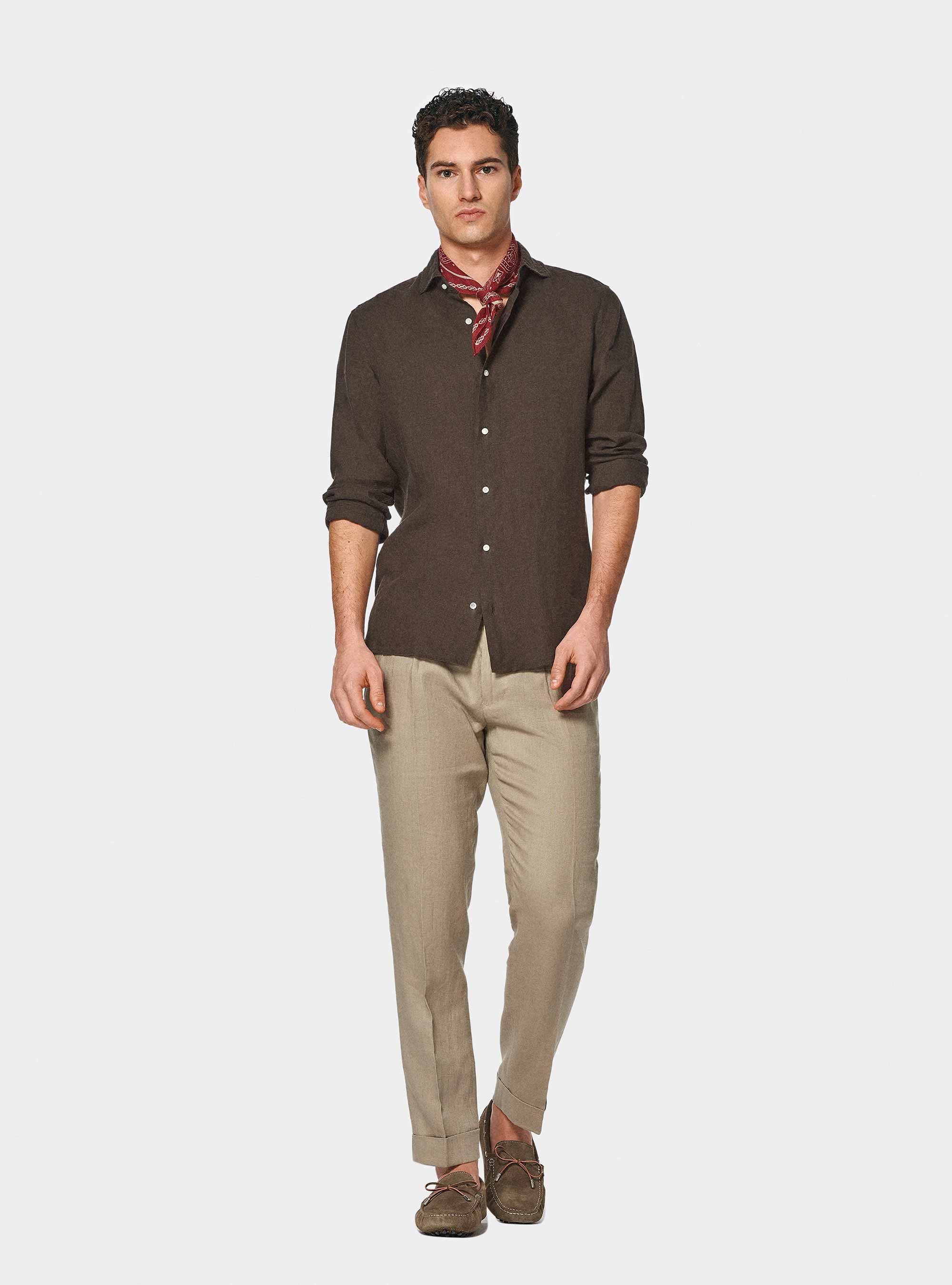 Pantaloni doppia pince in puro lino, FANGO