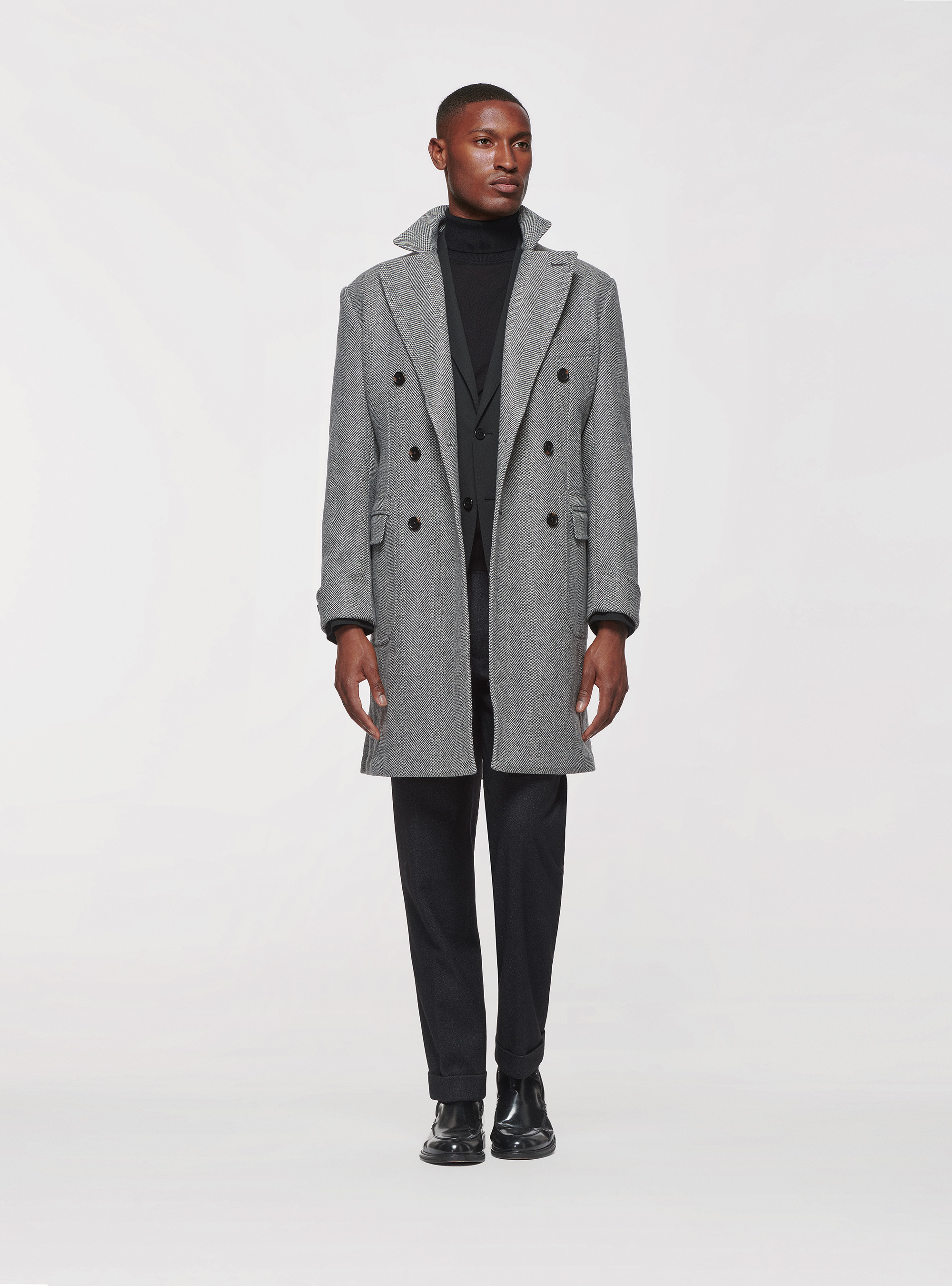 Double-breasted coat in herringbone wool blend, LIGHT GREY MELANGE