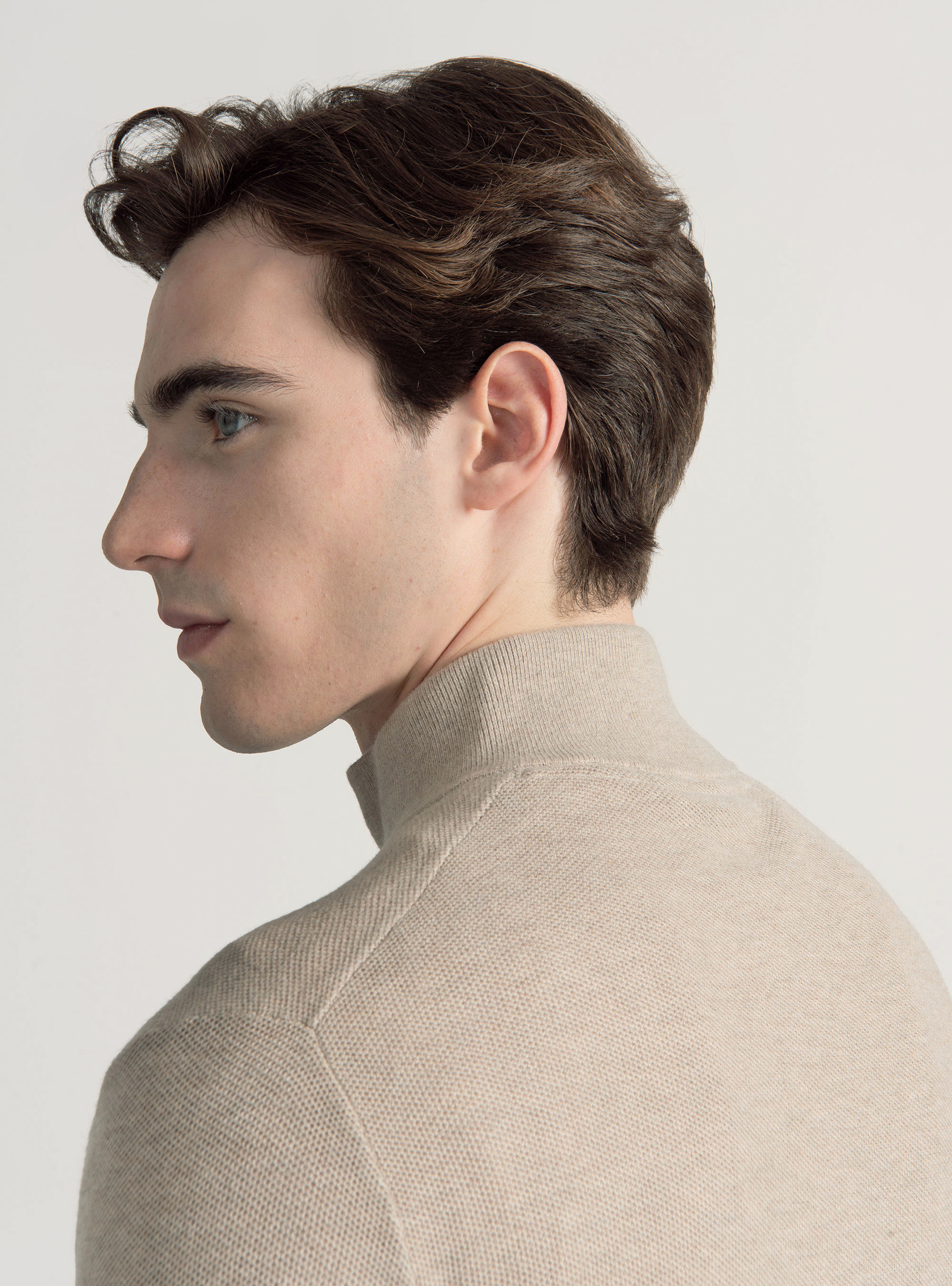 Cotton cashmere honeycomb mock neck sweater, ECRU