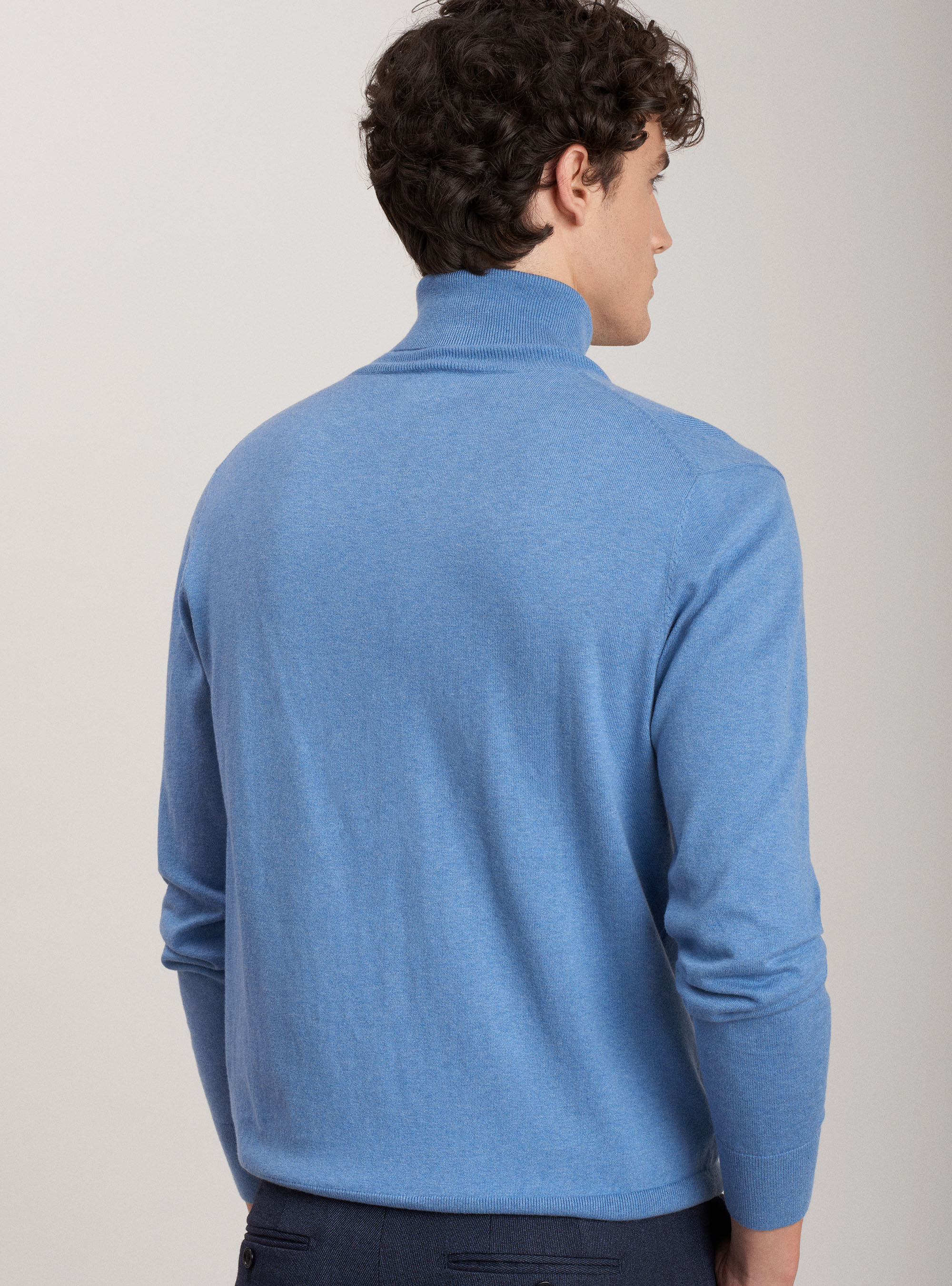 Jersey de cuello alto de algodón, seda y cachemira, CELESTE