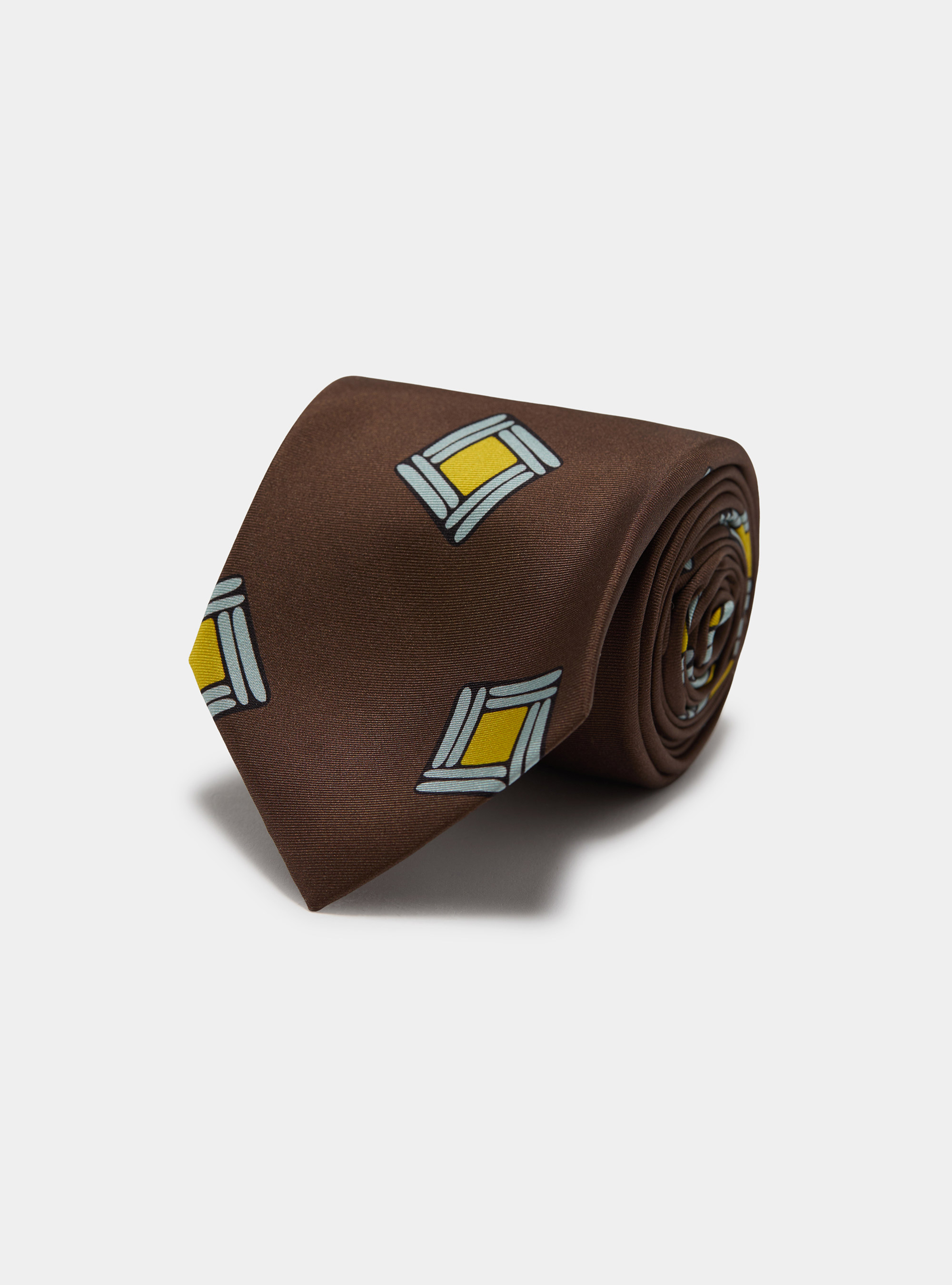 Cravatta in twill di seta stampa geometrica, MARRONE