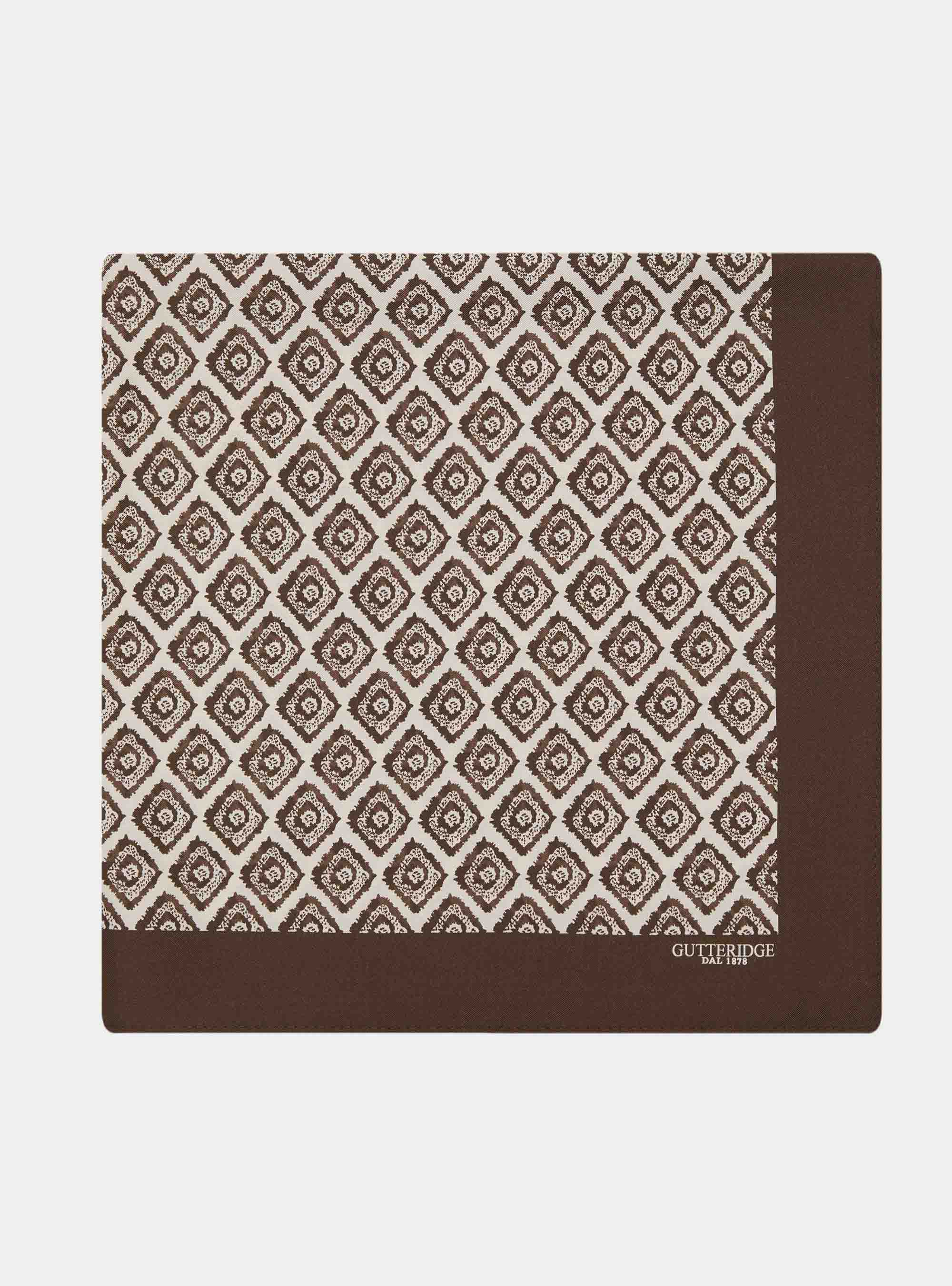 Foulard stampato in seta fantasia geometrica, BROWN