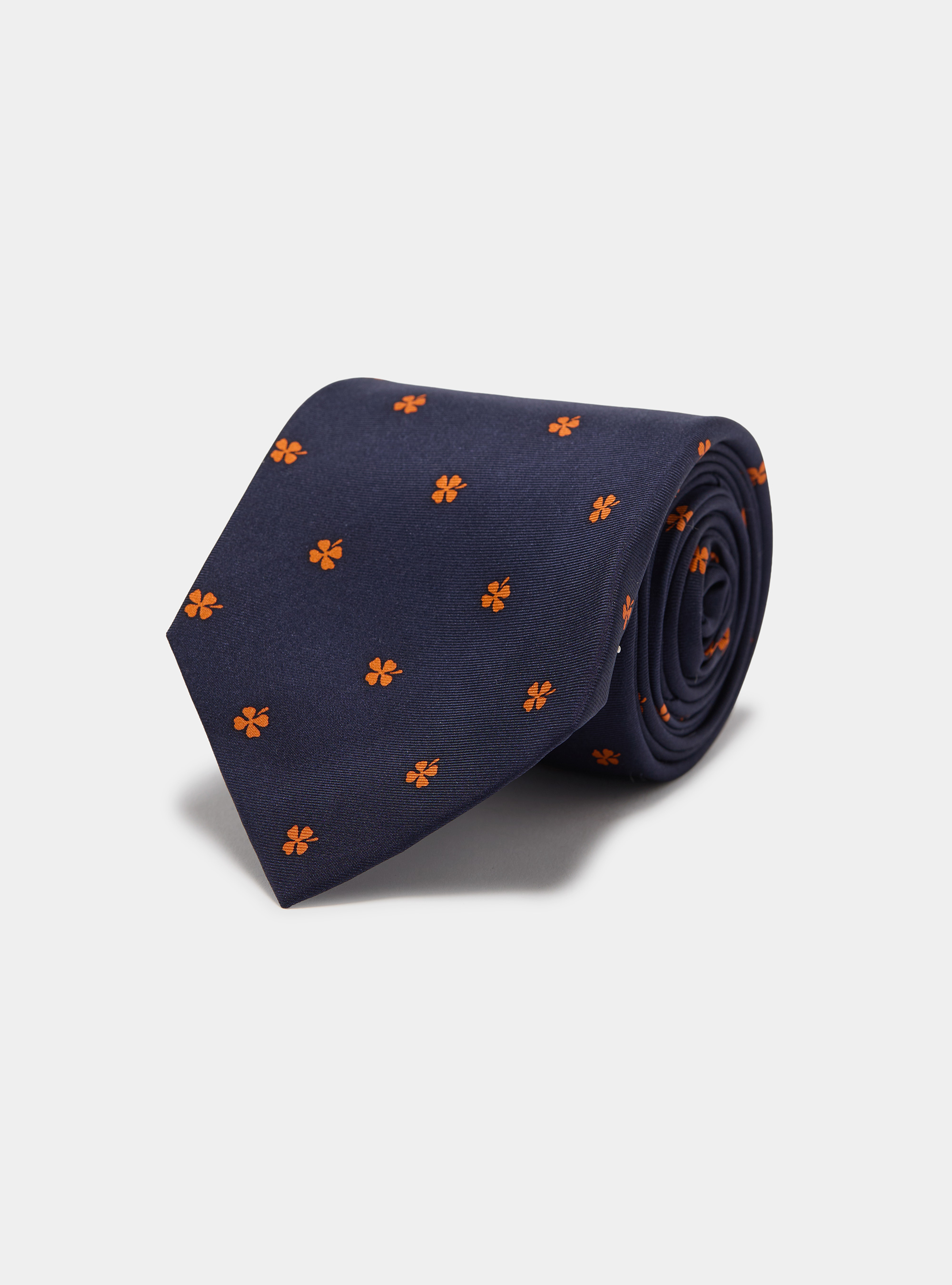 Silk tie with a four-leaf clover print, NAVY/ORANGE
