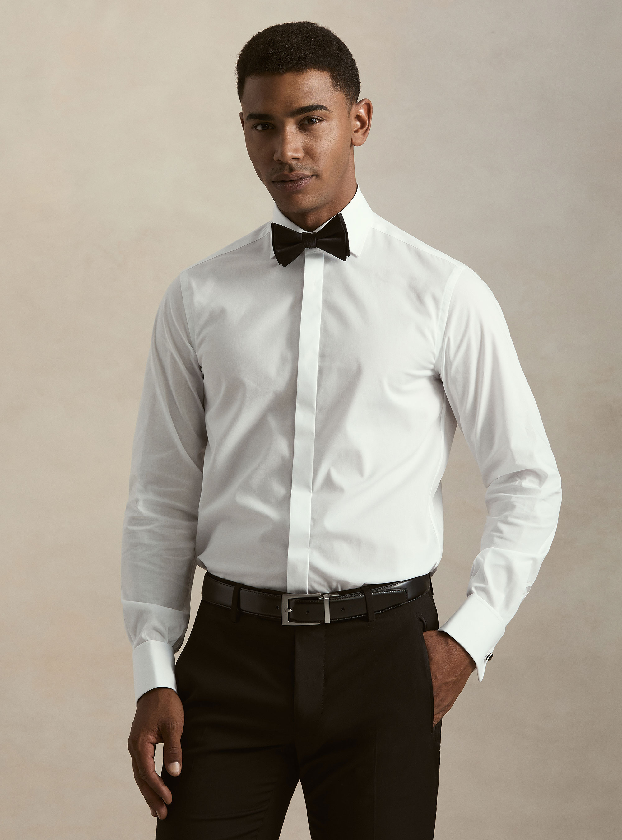 Camisa de esmoquin de popel&iacute;n con pu&ntilde;o doble para gemelos, BLANCO