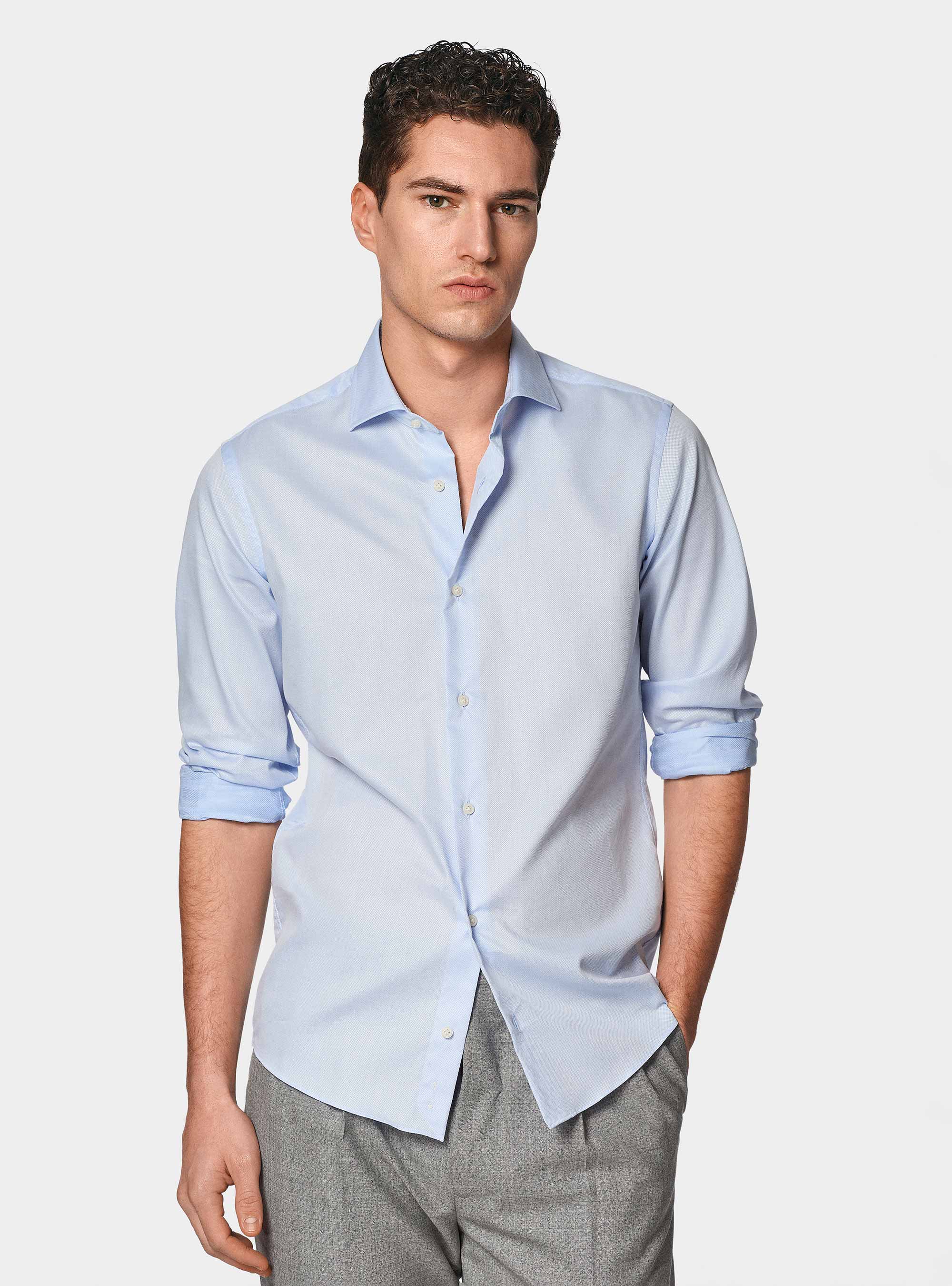 Camicia in puro cotone operato, AZZURRO