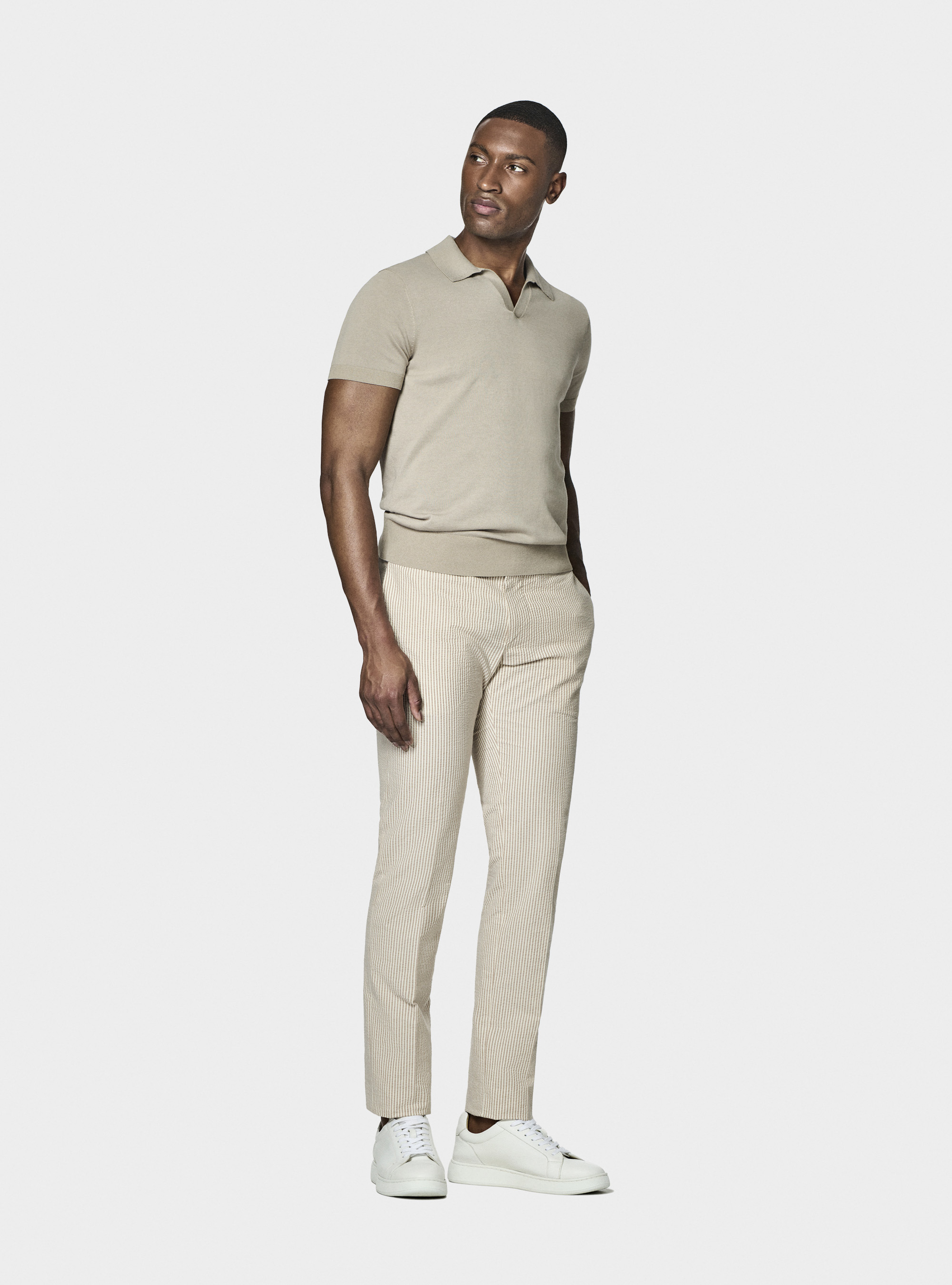 Polo in maglia senza bottoni in cotone extrafine, SABBIA