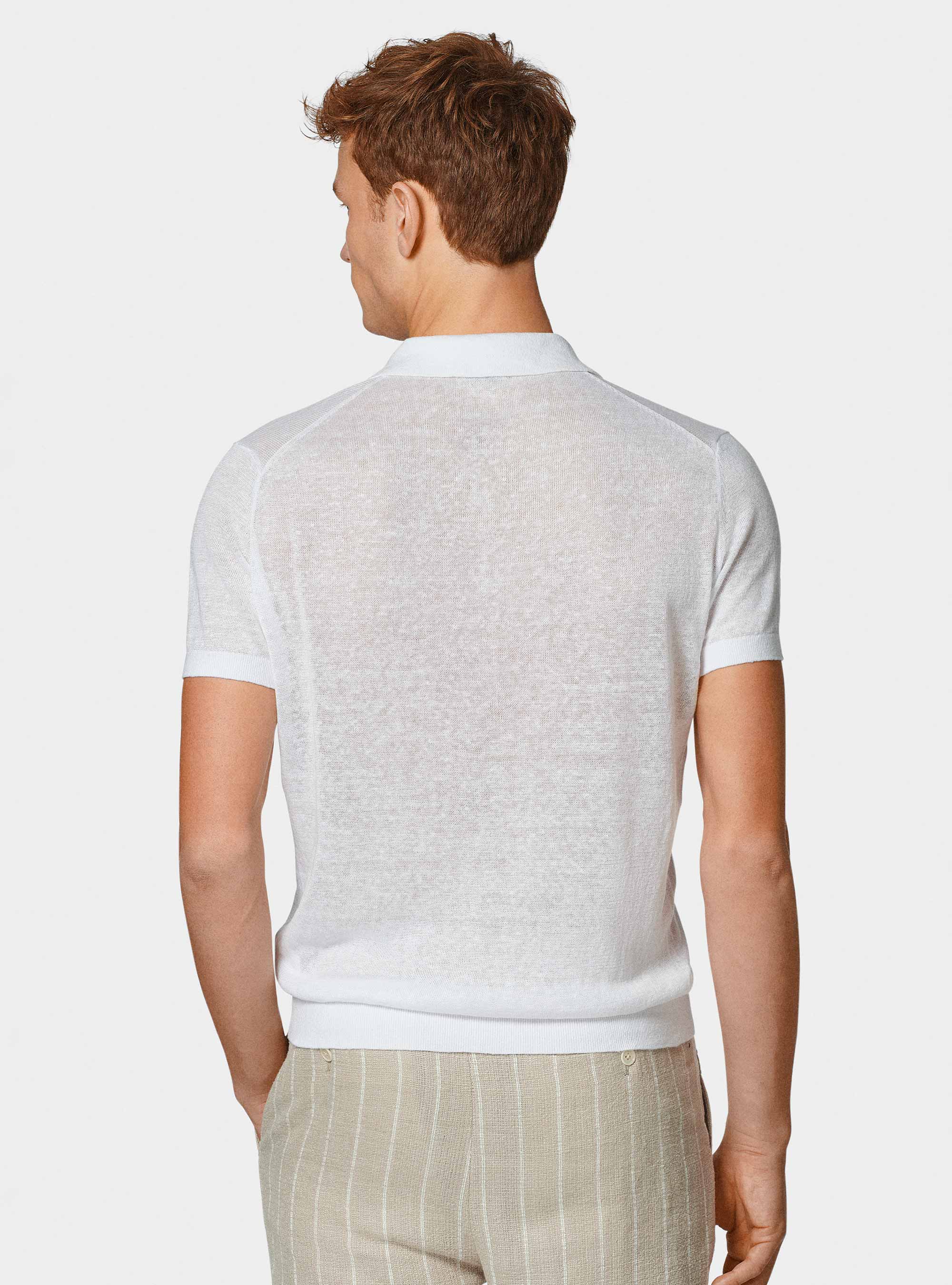 Polo in maglia senza bottoni in puro lino, BIANCO