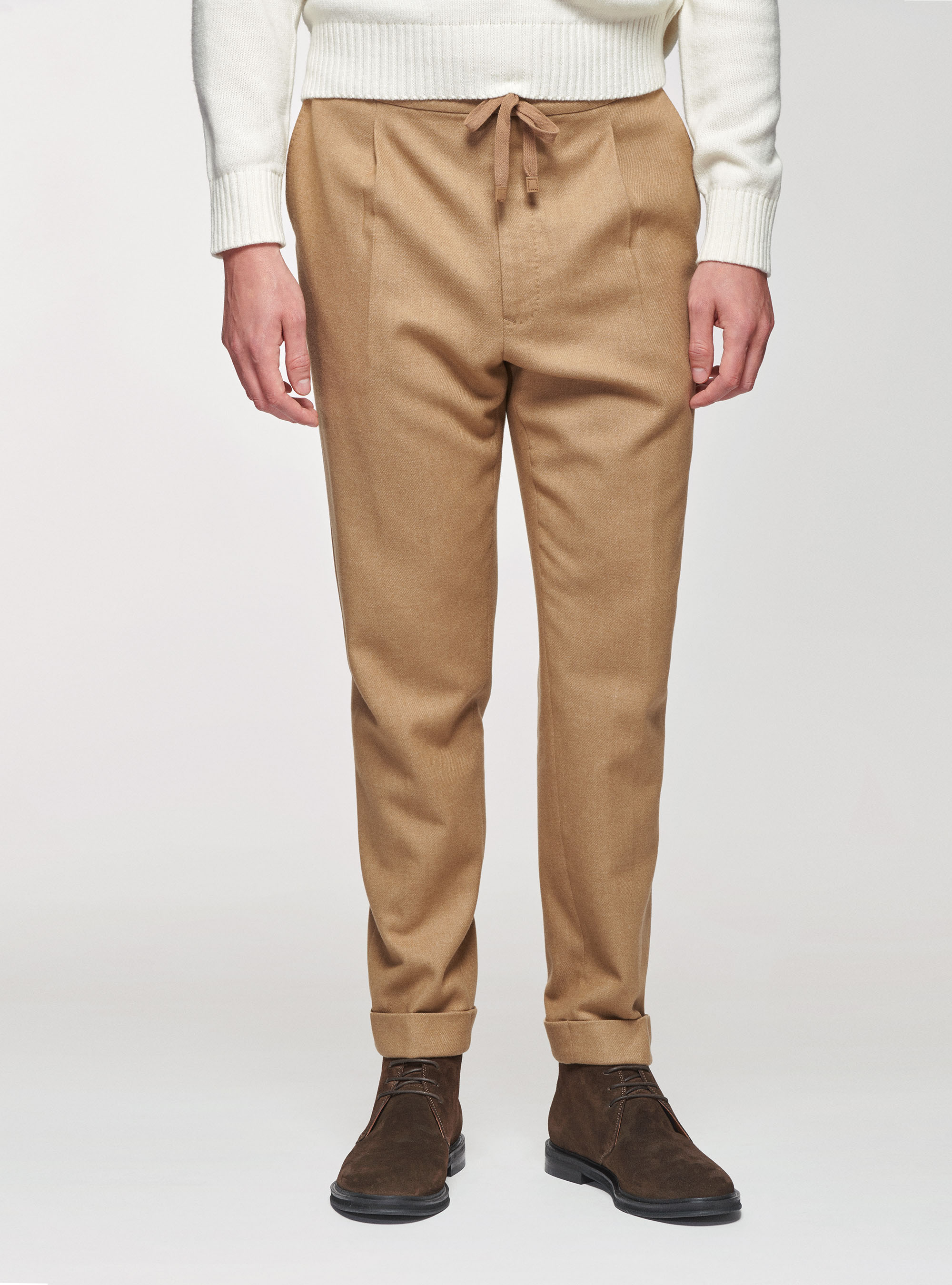 Pantaloni con pinces in flanella di lana Duemilagori, SABBIA