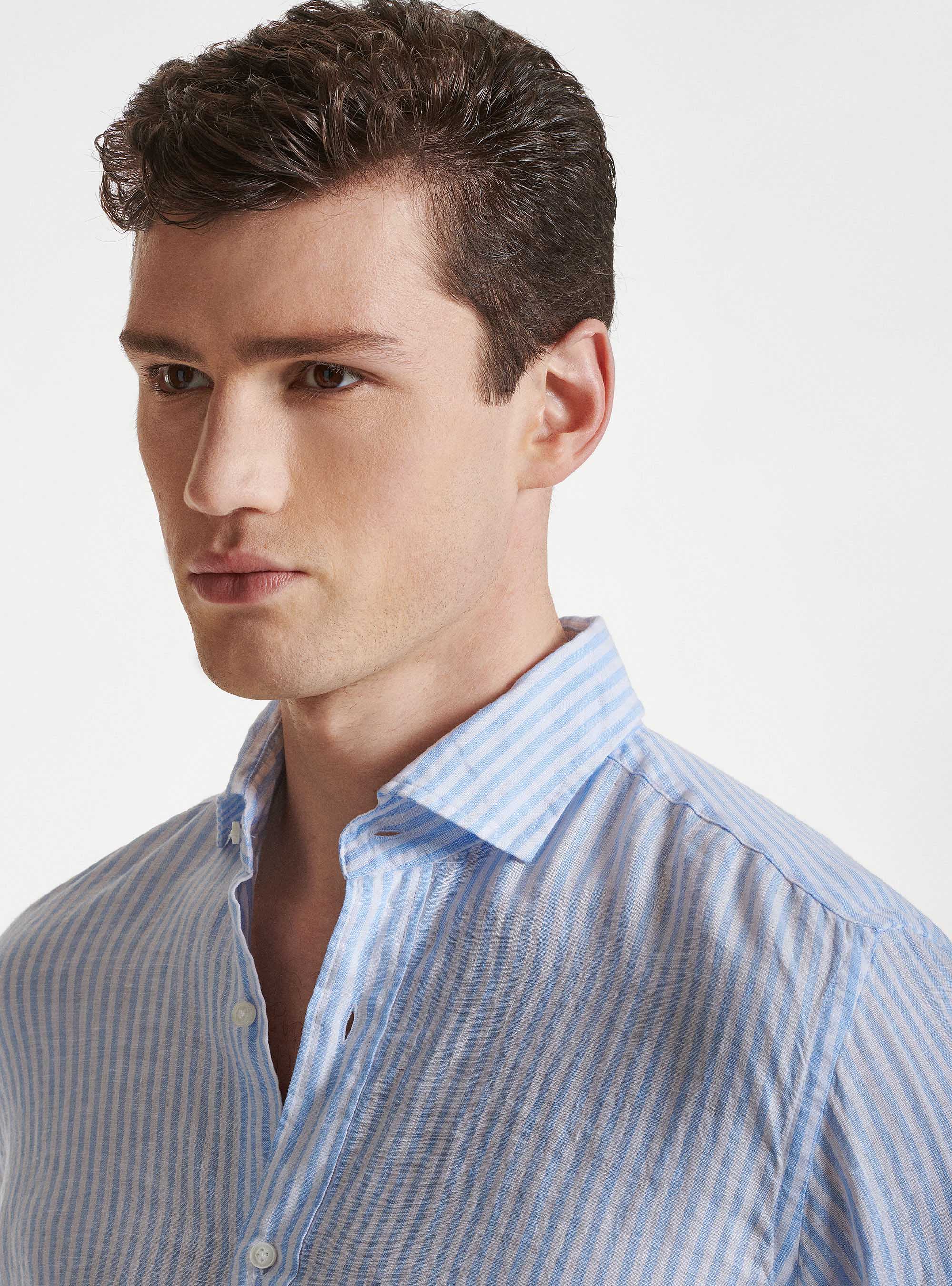 Semi-French collar shirt in pure linen striped, LIGHT BLUE
