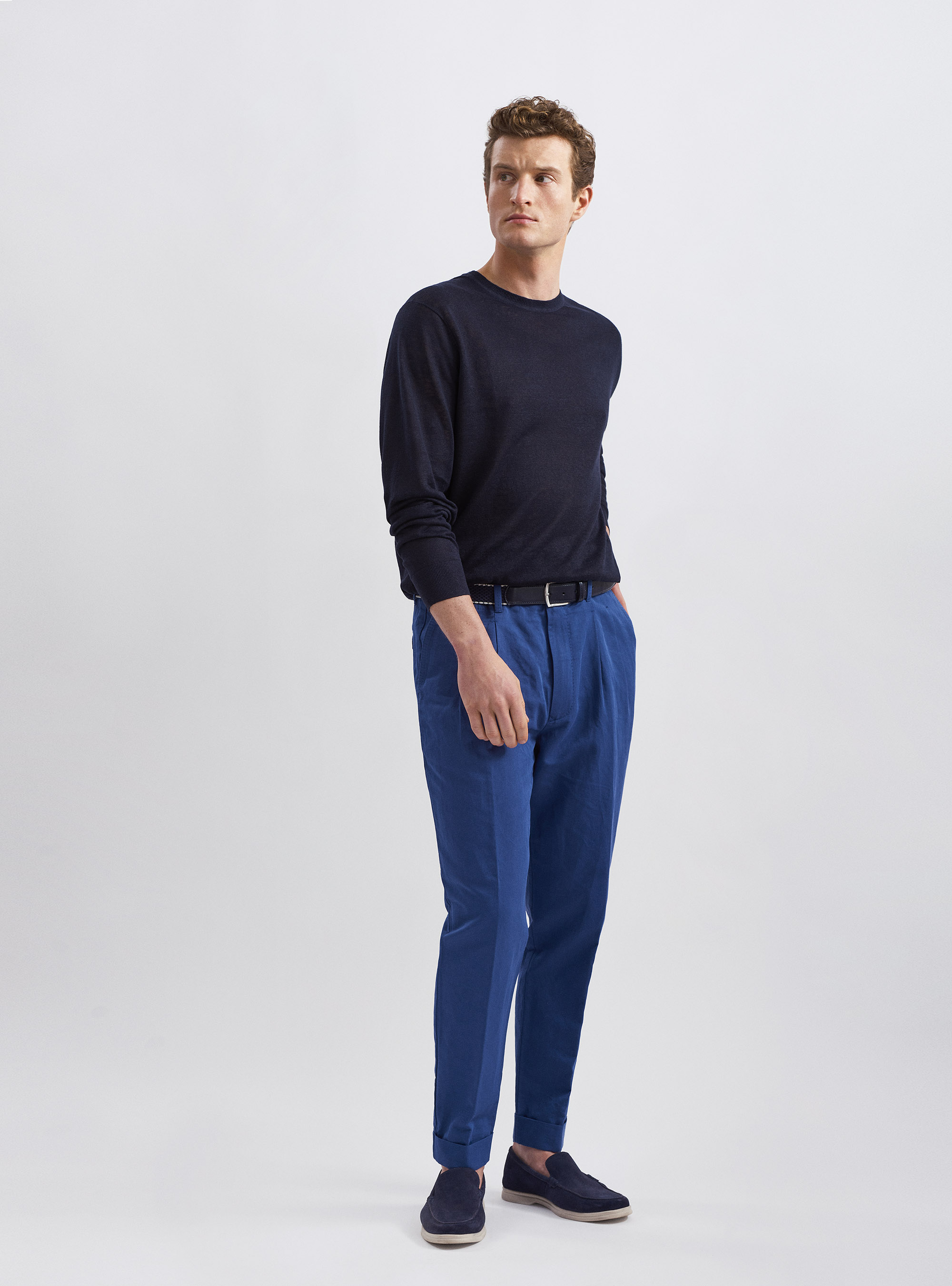 Pantaloni doppia pince in lino e cotone, BLU