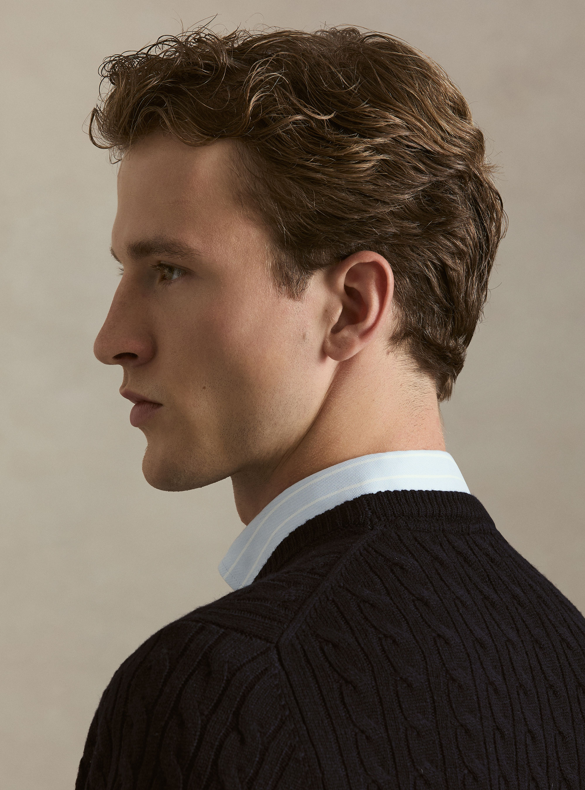 Girocollo in maglia con treccia in lana cashmere, BLU NAVY
