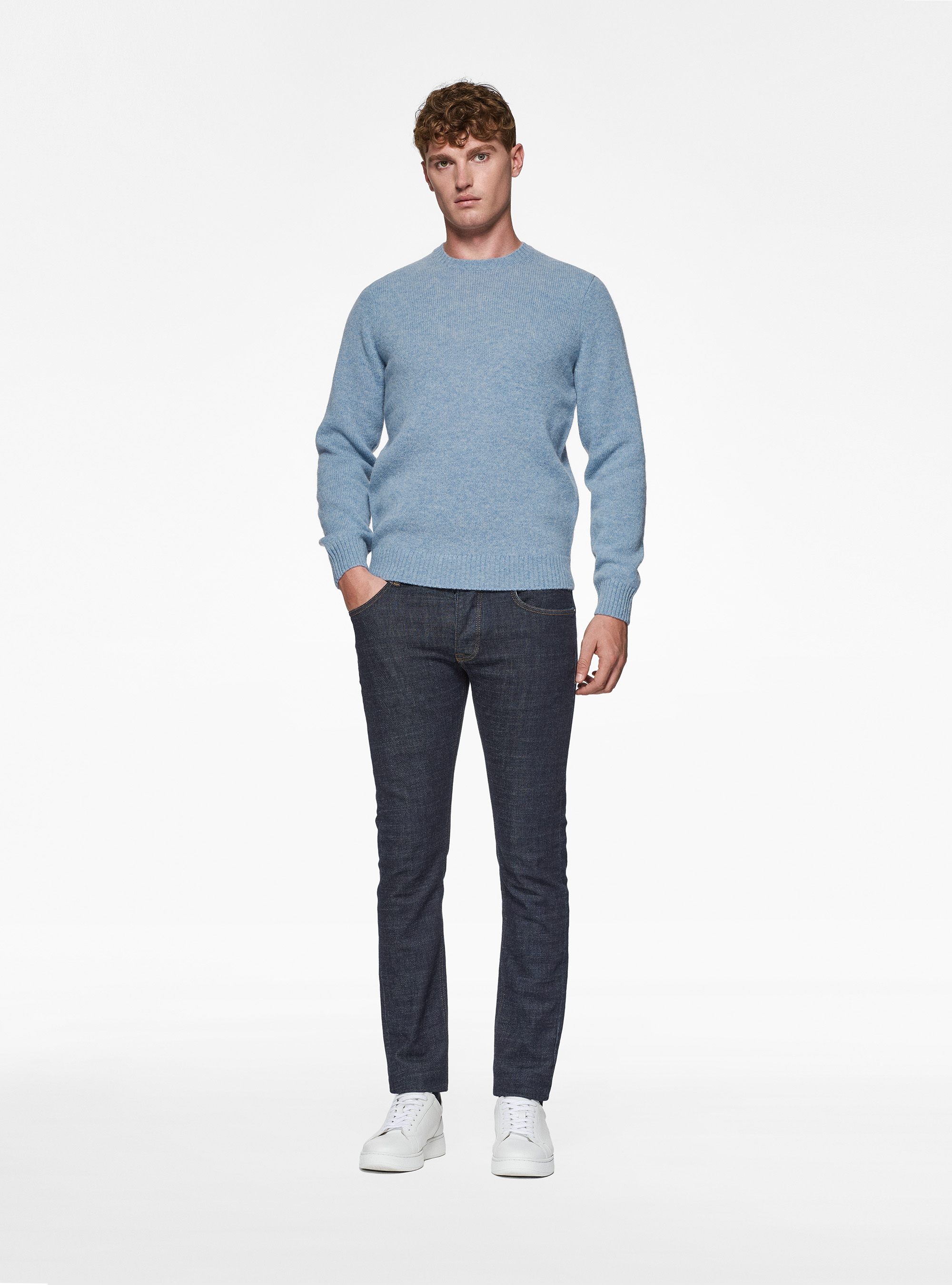 Maglia girocollo in lana shetland, AZZURRO