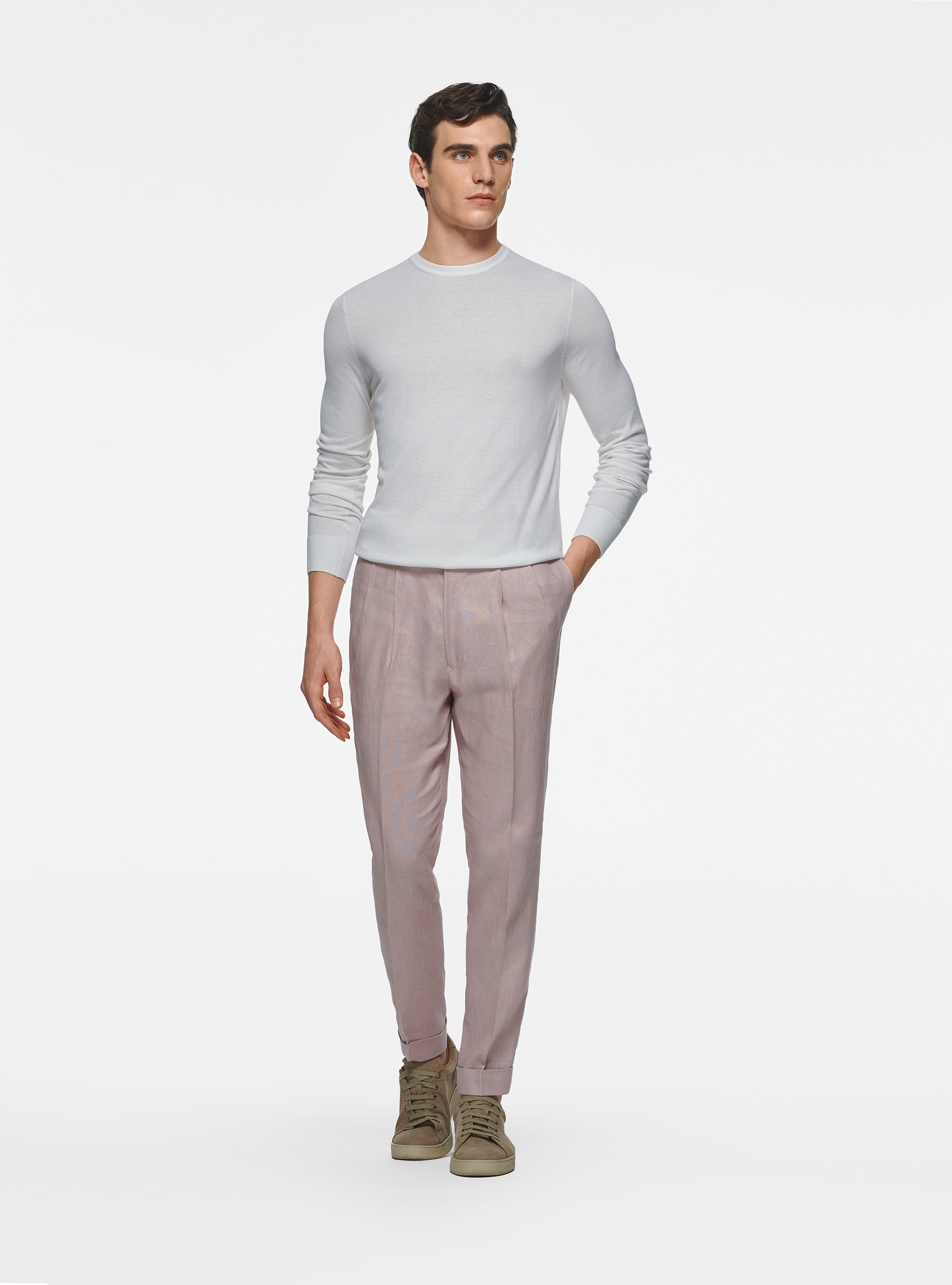 Pure linen double pleat trousers, 0441C ROSA SCURO