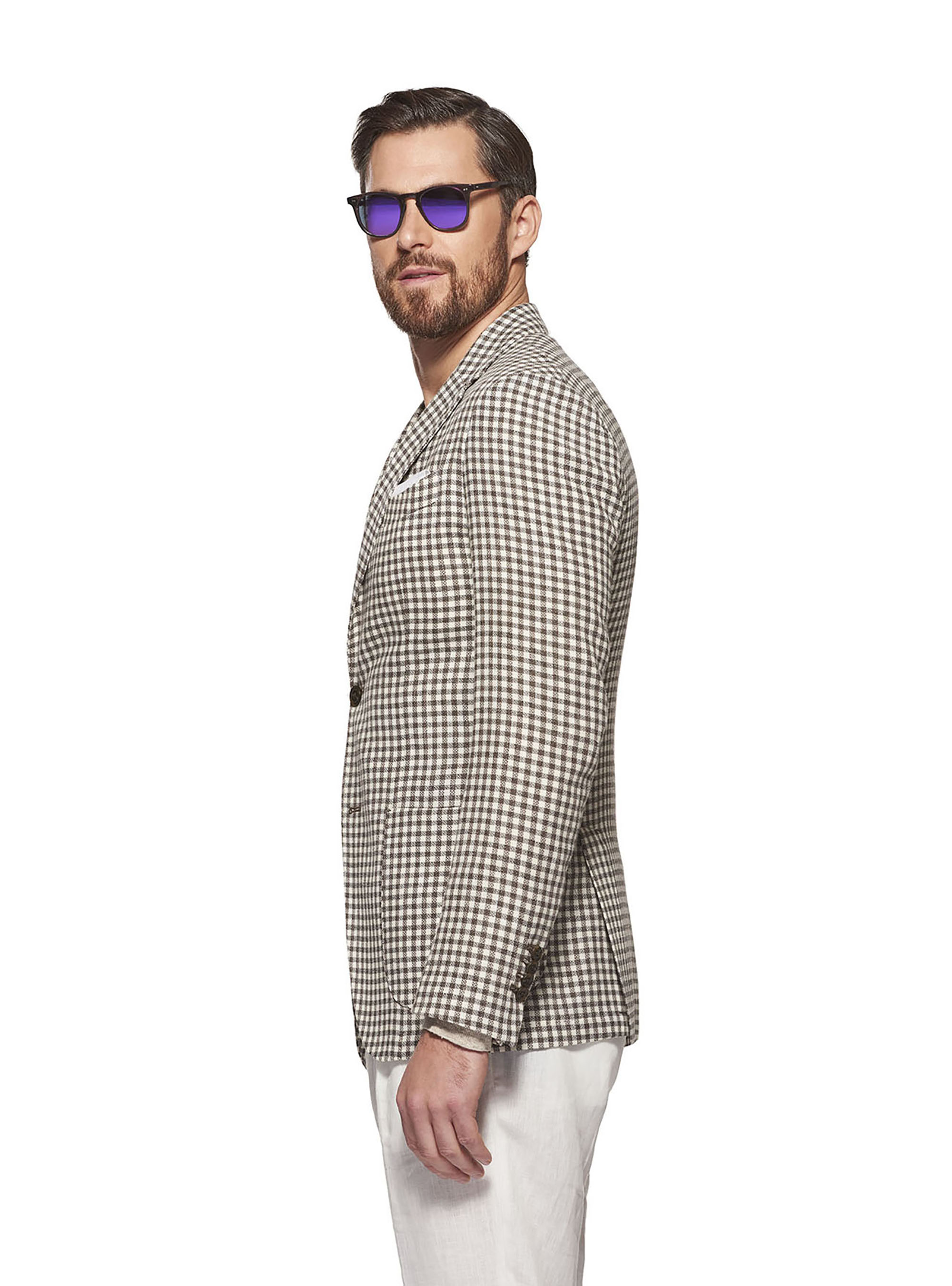 Giacca a quadretti in lana lino e cotone, MARRONE