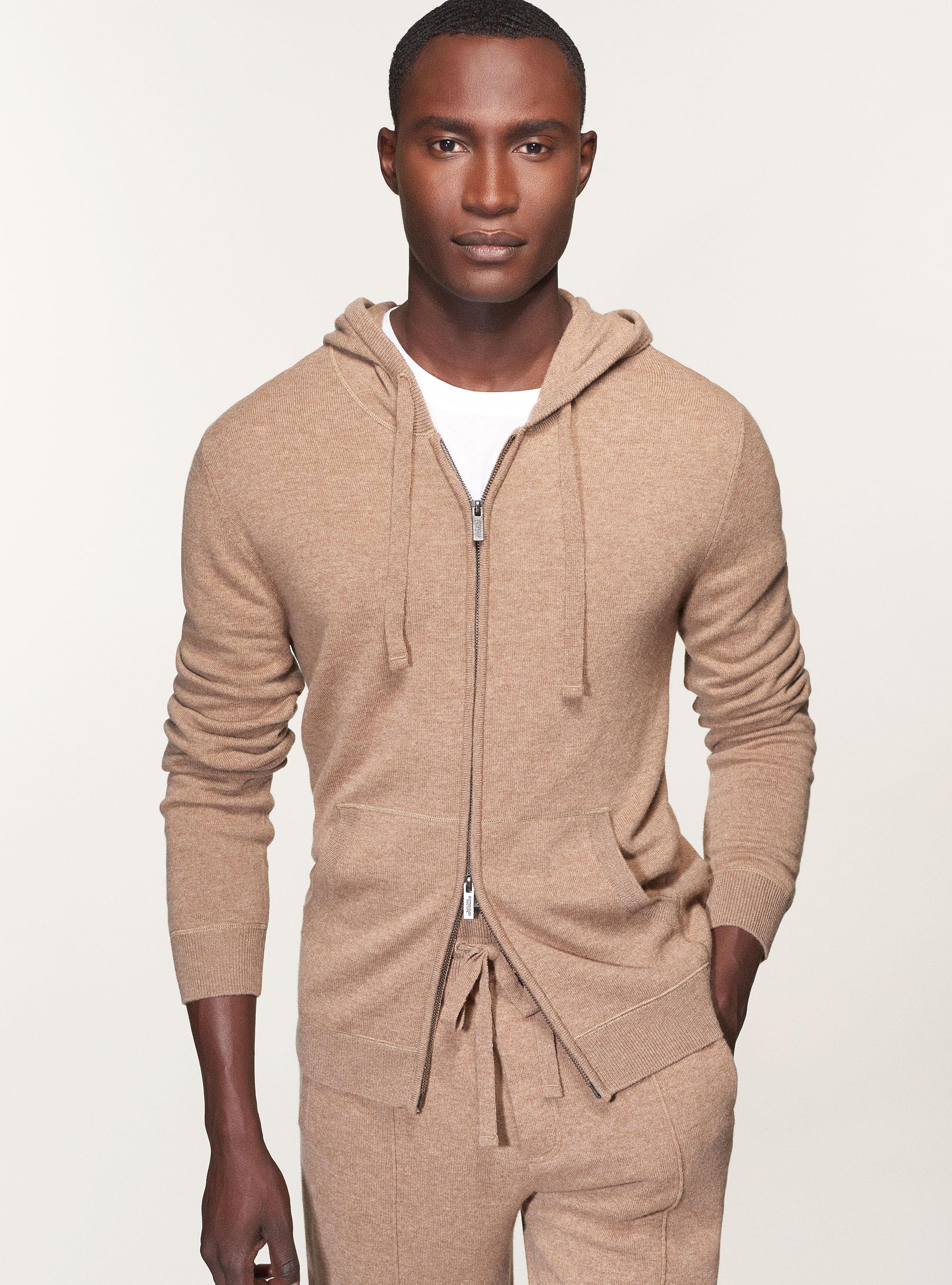 Full-zip hooded sweater in cashmere wool, ECRU