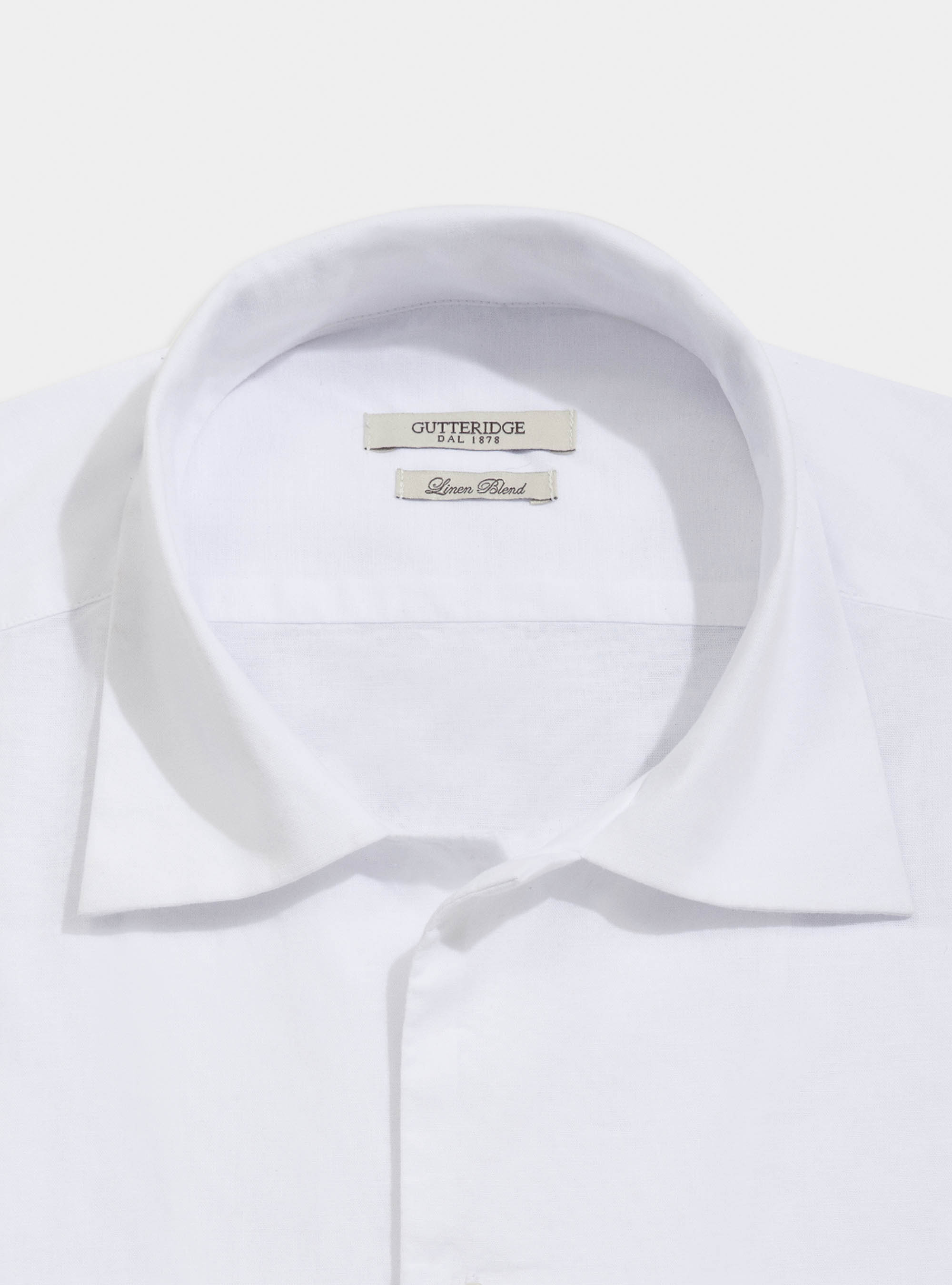 Camicia comfort con collo bowling in cotone e lino, BIANCO