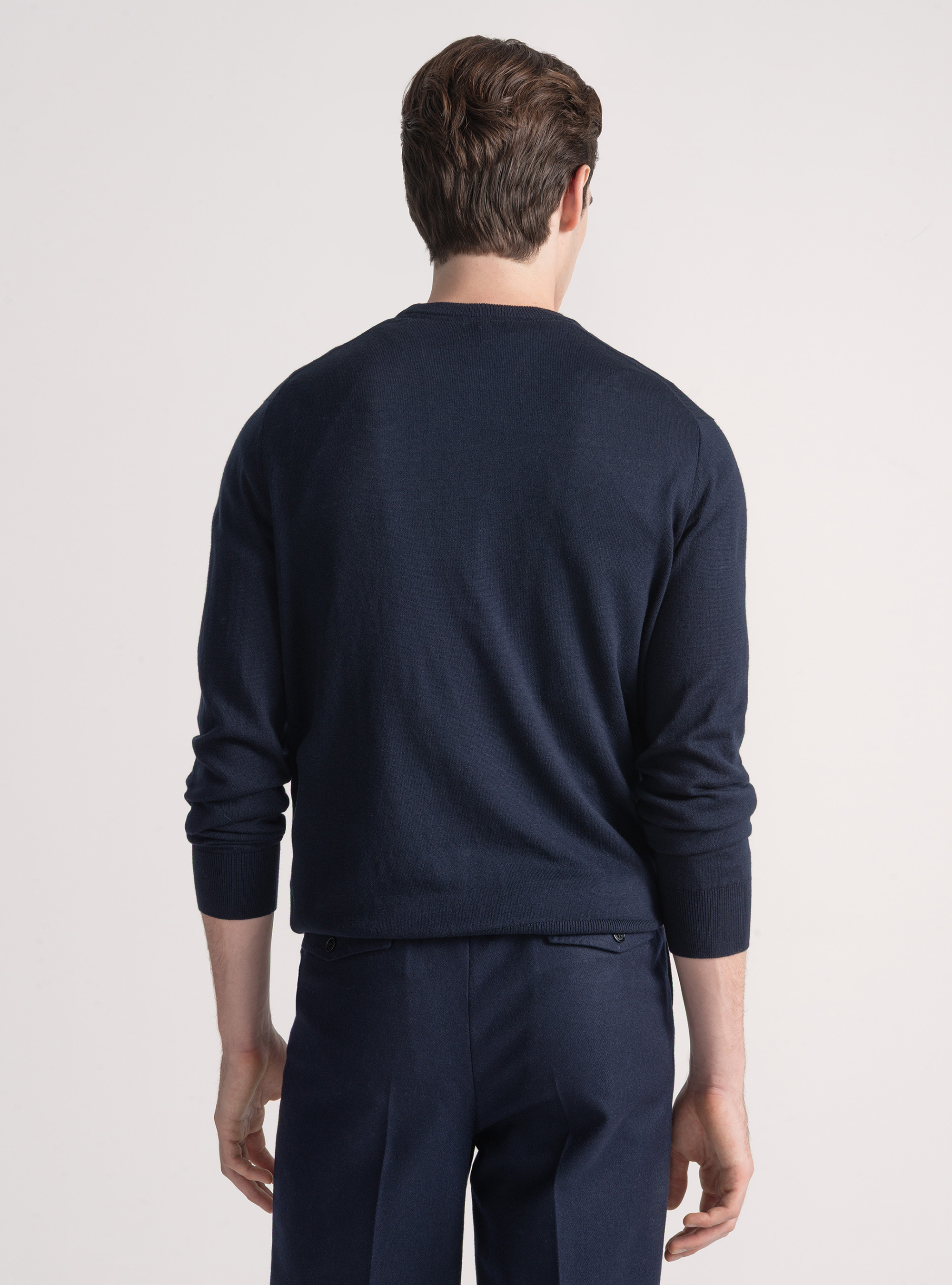 Punto de cuello redondo de algodón, seda y cachemira, AZUL MARINO