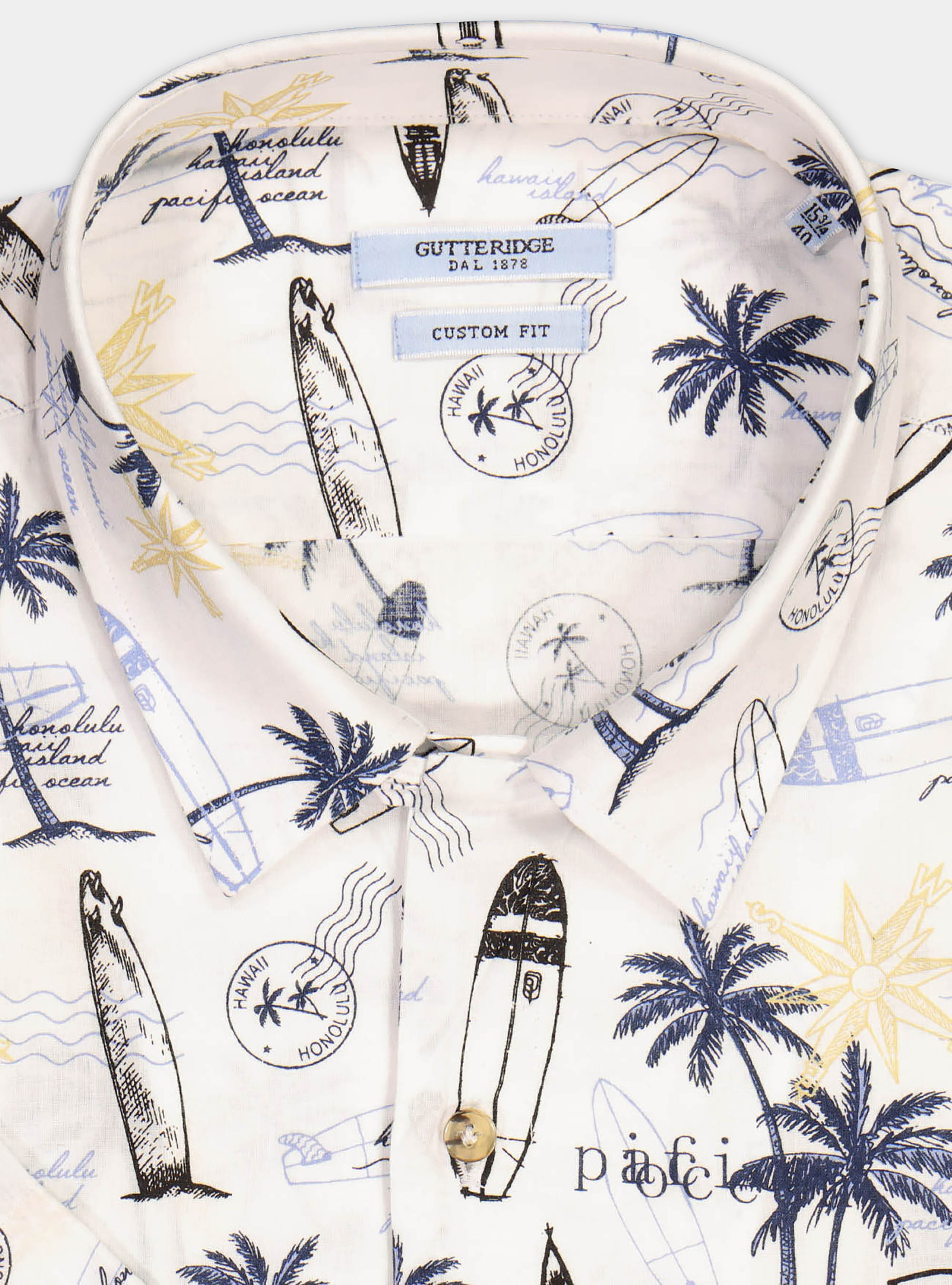 Camicia collo bowling stampa hawaiana, ECRU