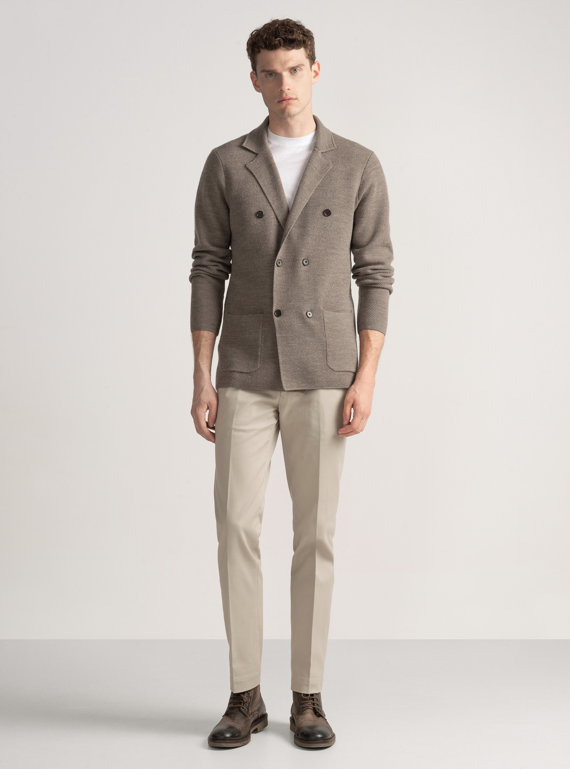 Giacca in maglia doppiopetto in lana merino, FANGO