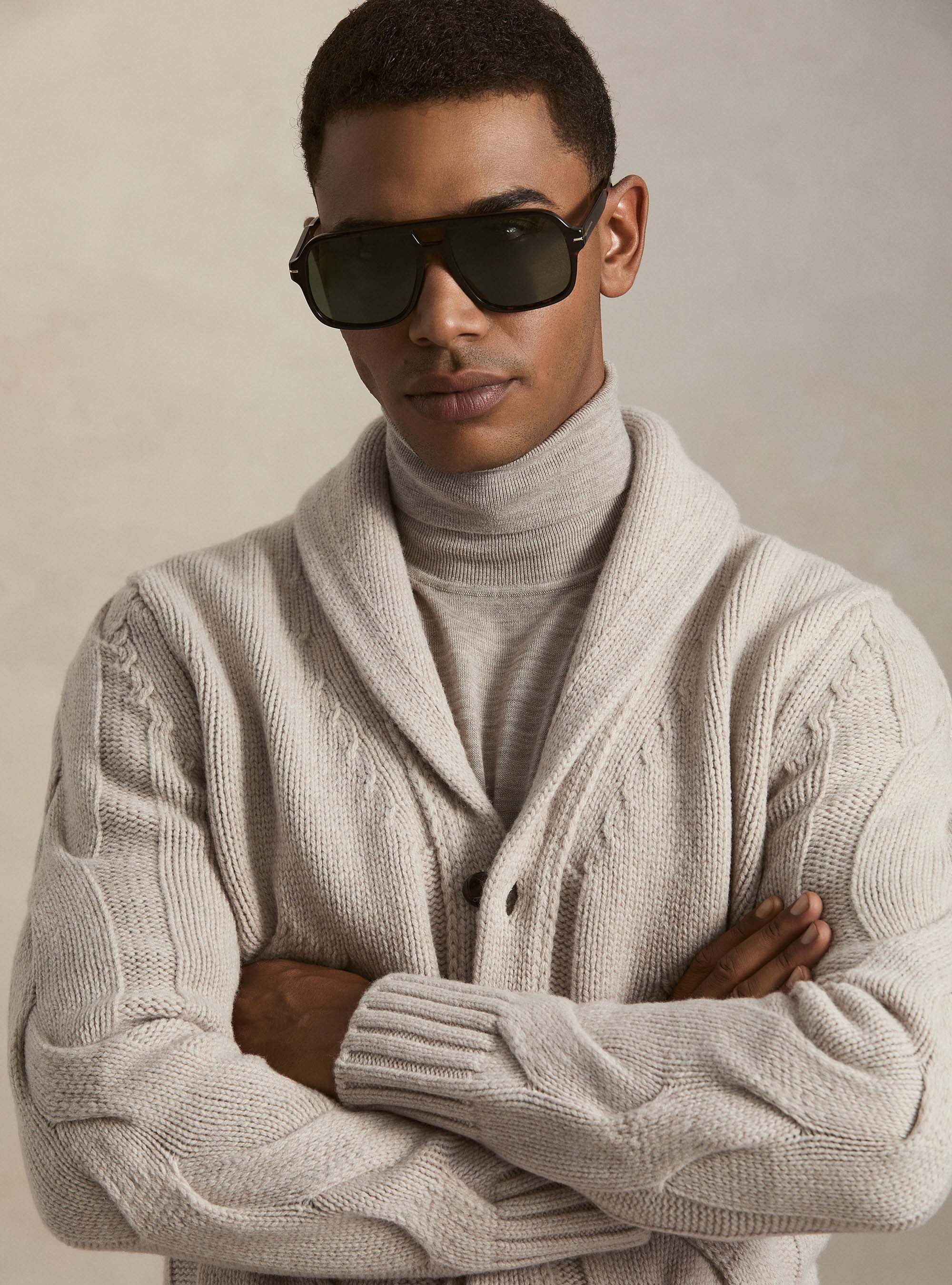 Cable-knit shawl collar lambswool-cashmere cardigan, ECRU