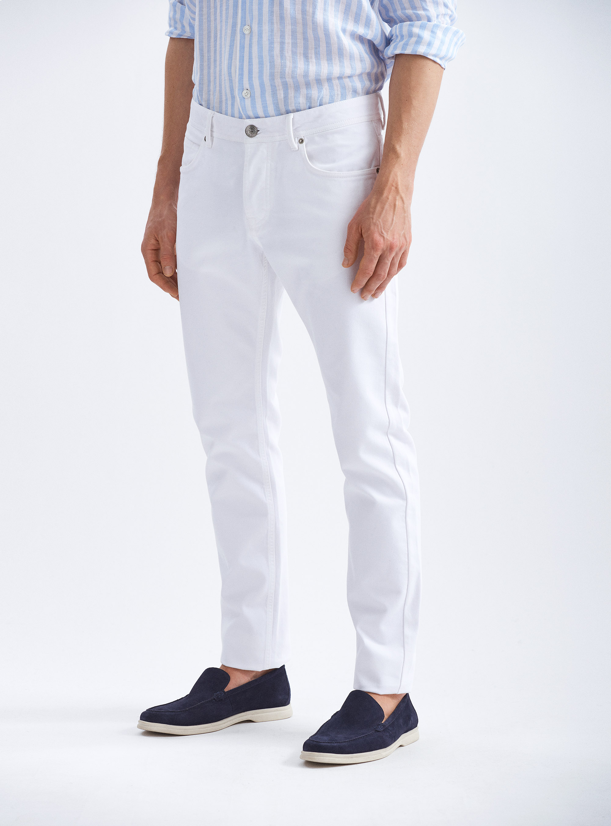Pantaloni tipo denim 5 tasche in cotone, BIANCO