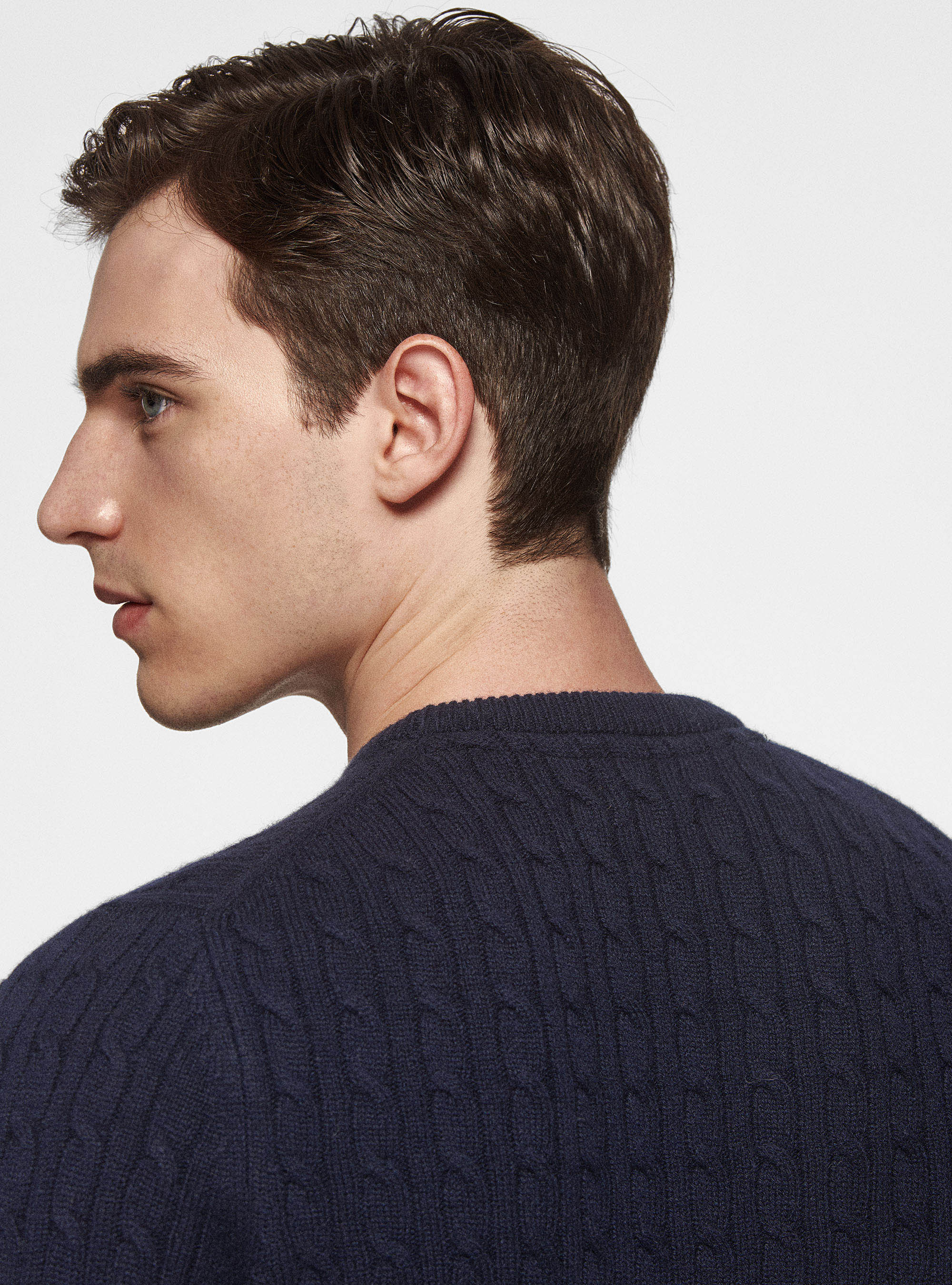 Maglia girocollo con treccia in lana e cashmere, BLU NAVY