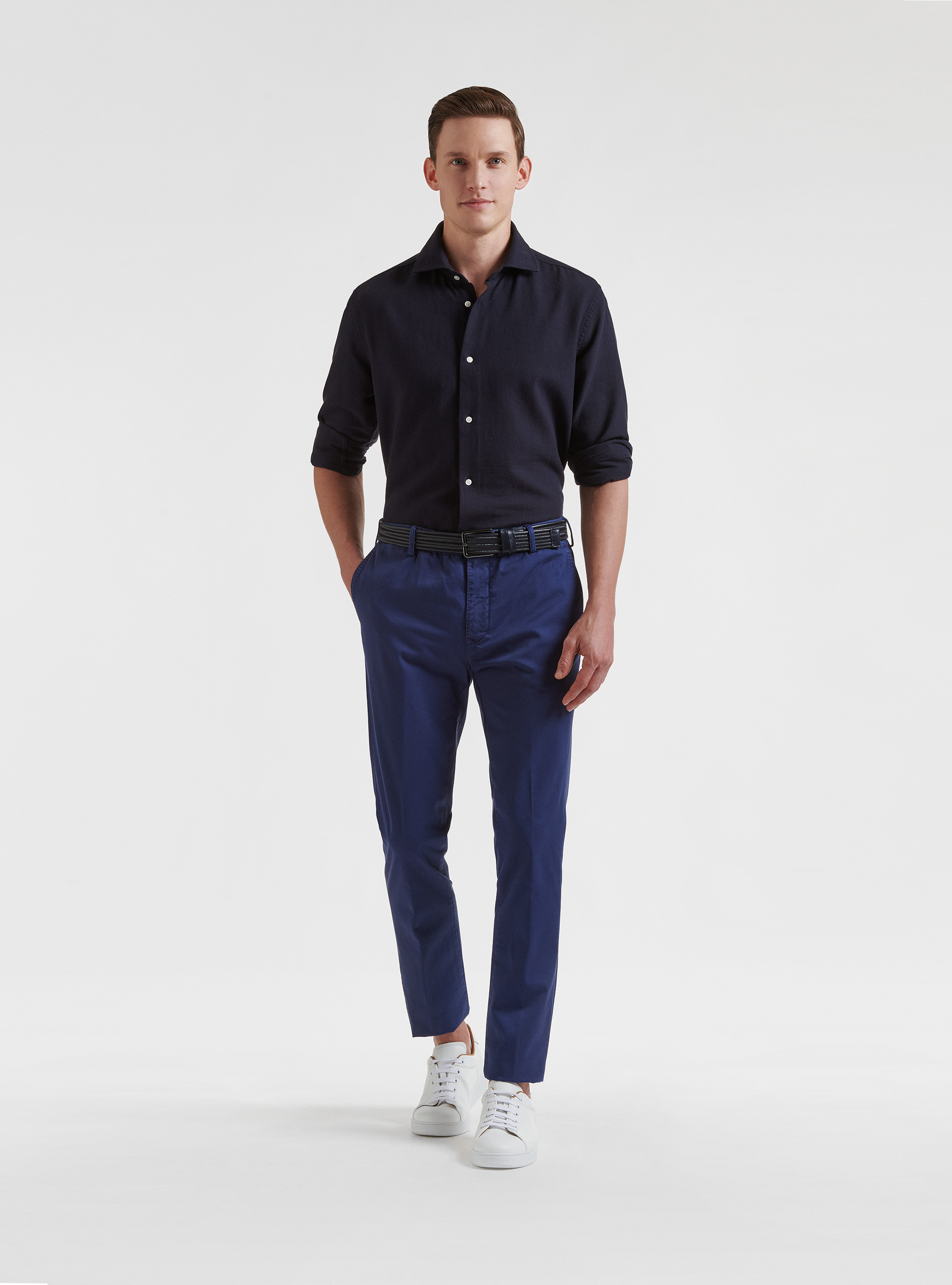 Semi-French collar shirt in pure gauzed cotton, NAVY BLUE