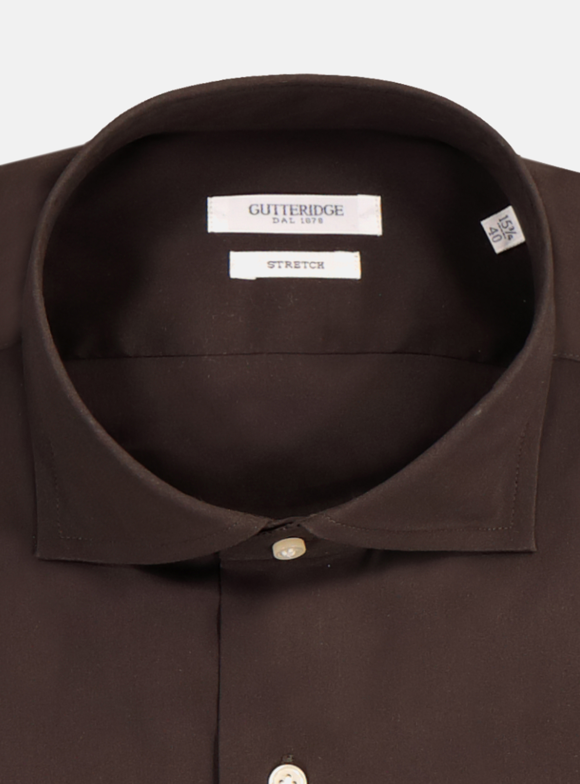 Camicia in cotone popeline stretch con collo francese semiaperto, MARRONE