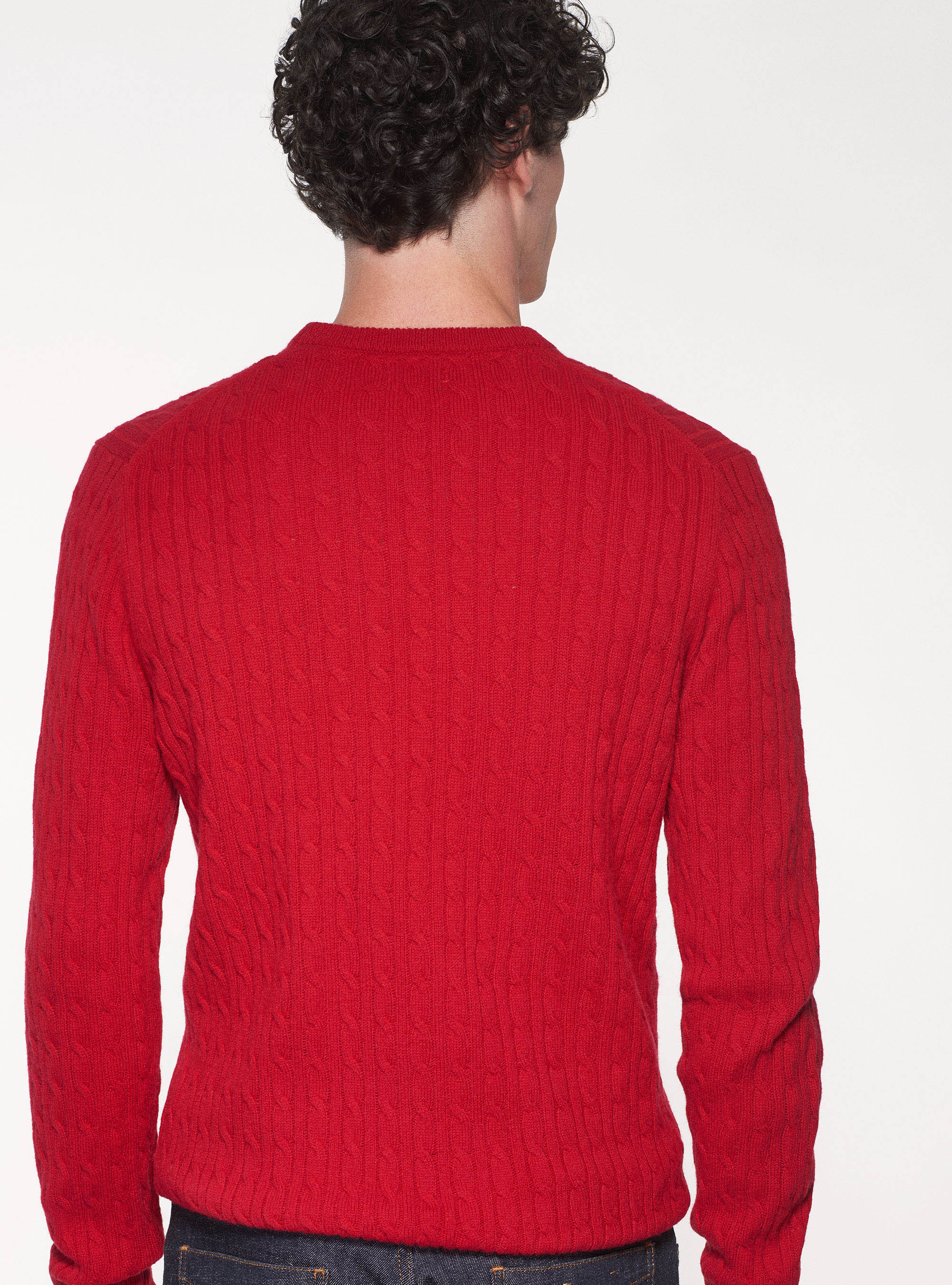 Maglia treccia girocollo in lana lambswool e cashmere, ROSSO