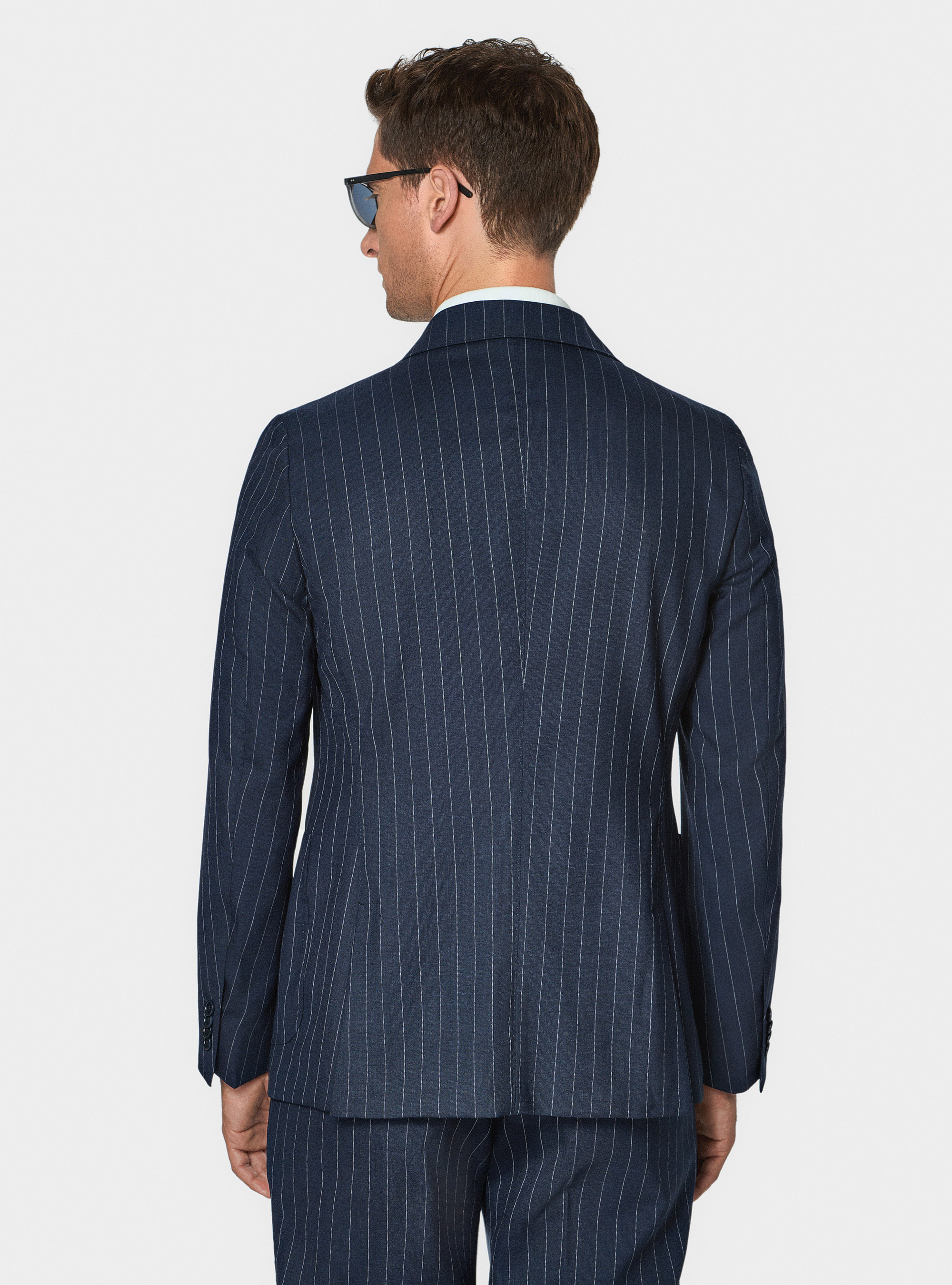 Pure wool pinstripe double-breasted suit blazer, NAVY BLUE