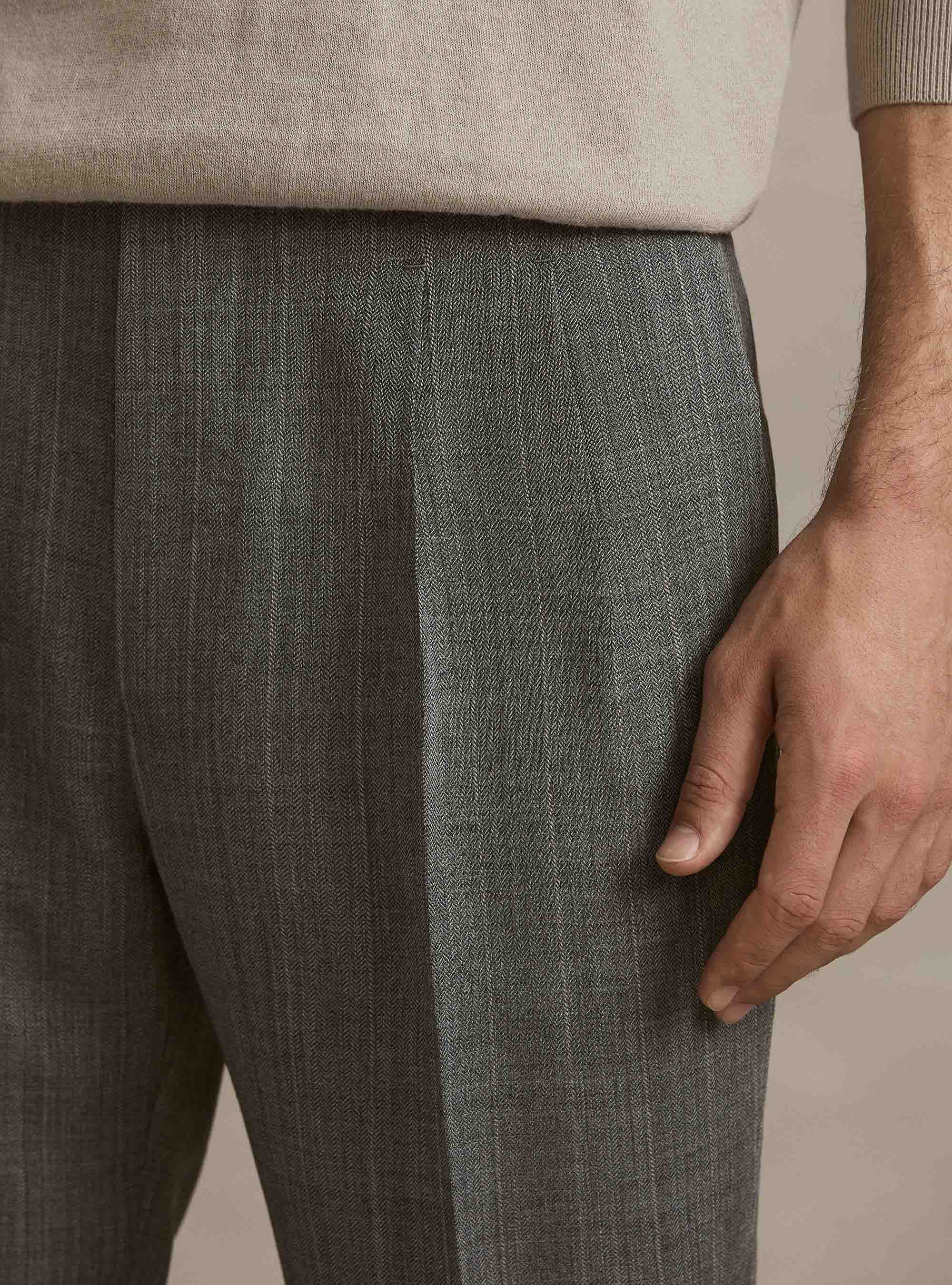 Pantalones de pinzas de pura lana de espiga, GRIGIO MED MEL 0123C