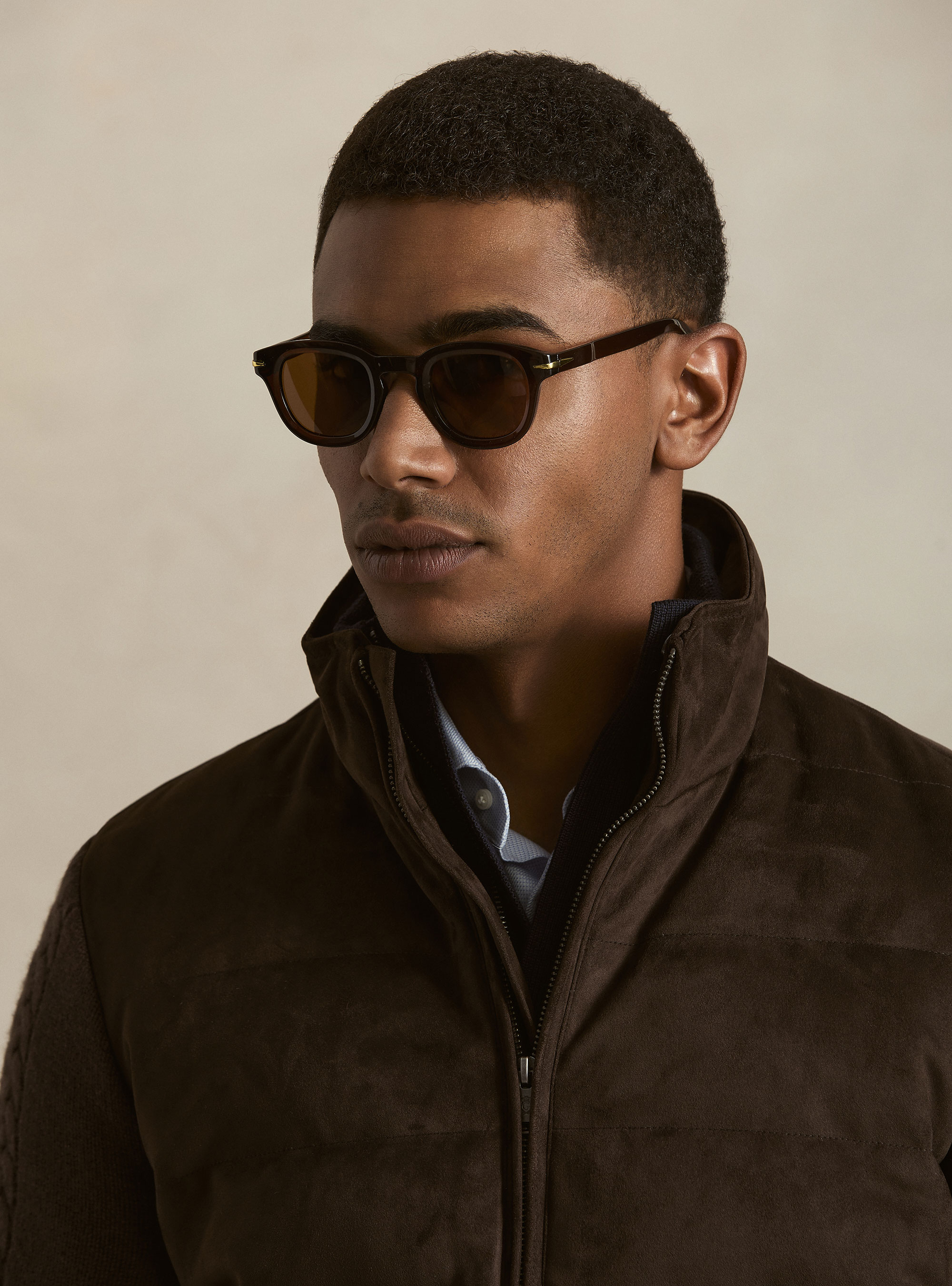Quilted suede-effect jacket with wool sleeves, MARRONE 0508C