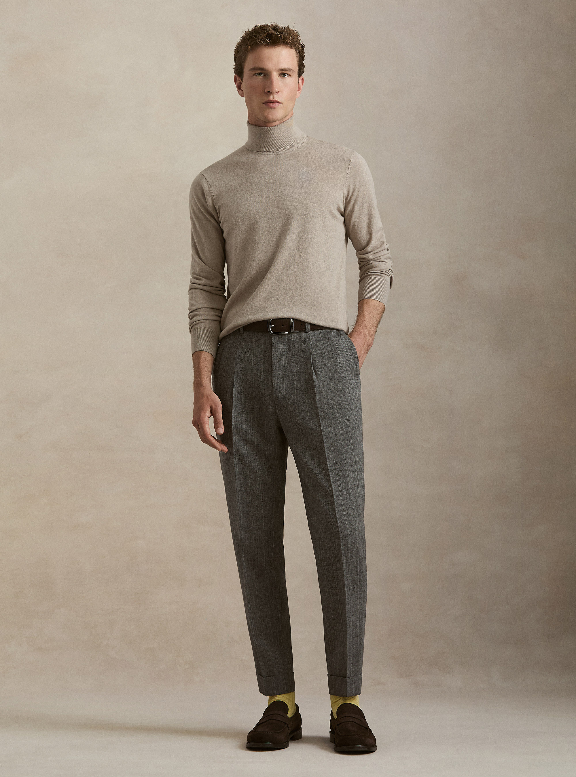 Pantaloni con pince in pura lana spigata, GRIGIO MED MEL 0123C