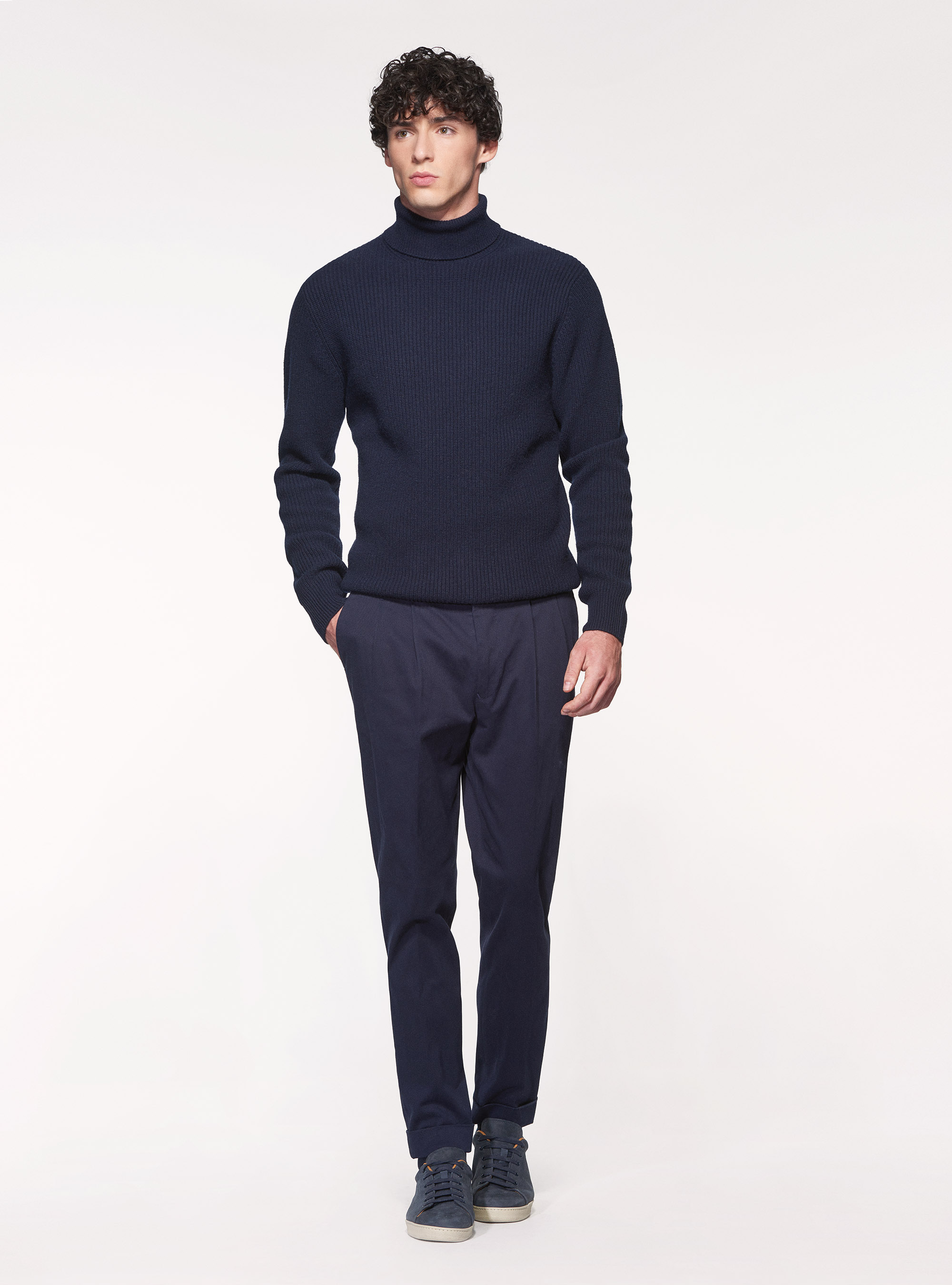 Maglia collo alto di lana lambswool in costa perlata, BLU NAVY